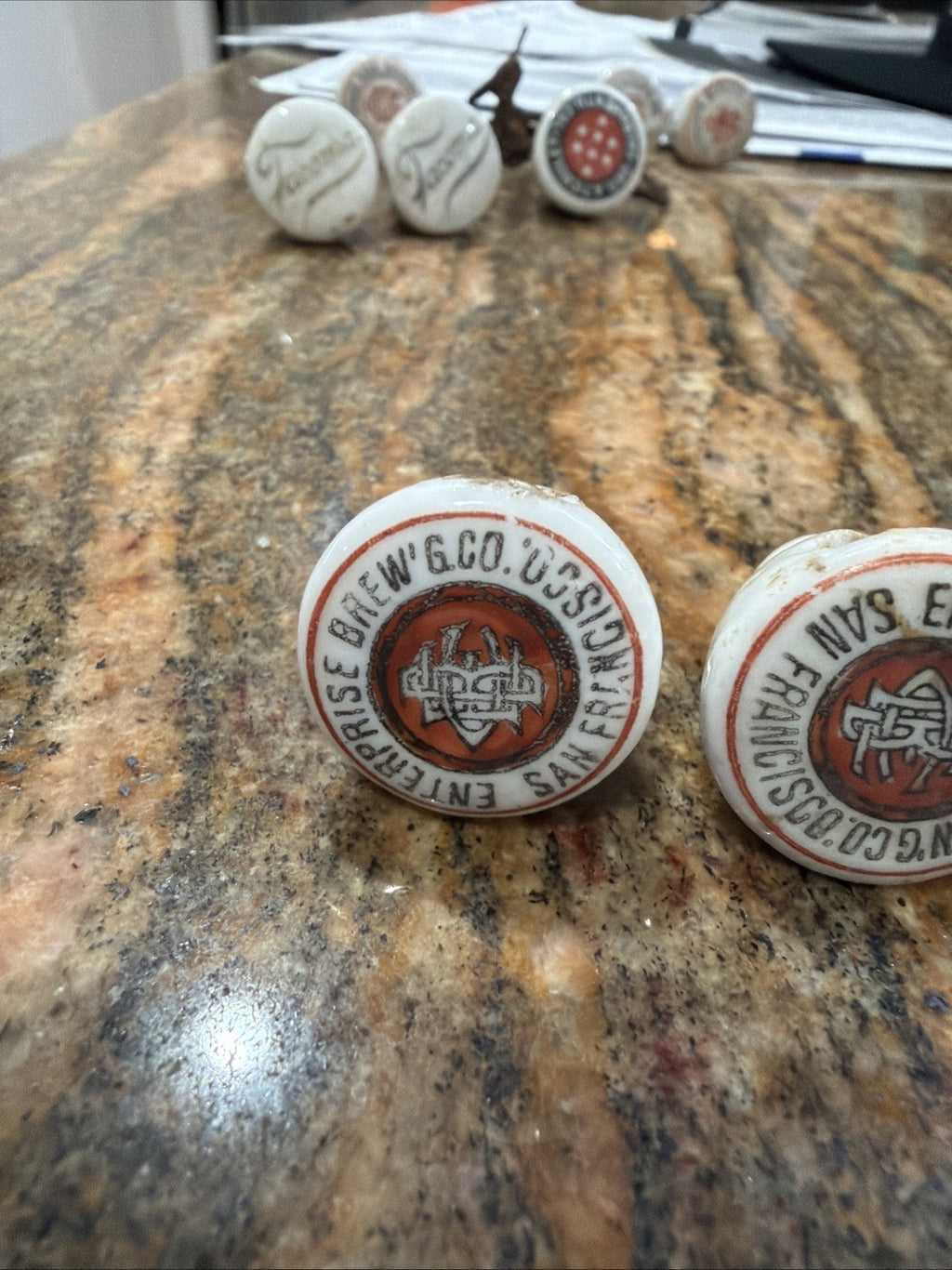 3 Pre-Prohibition Porcelain Beer Bottle Stopper Enterprise Brewing San Francisco1
