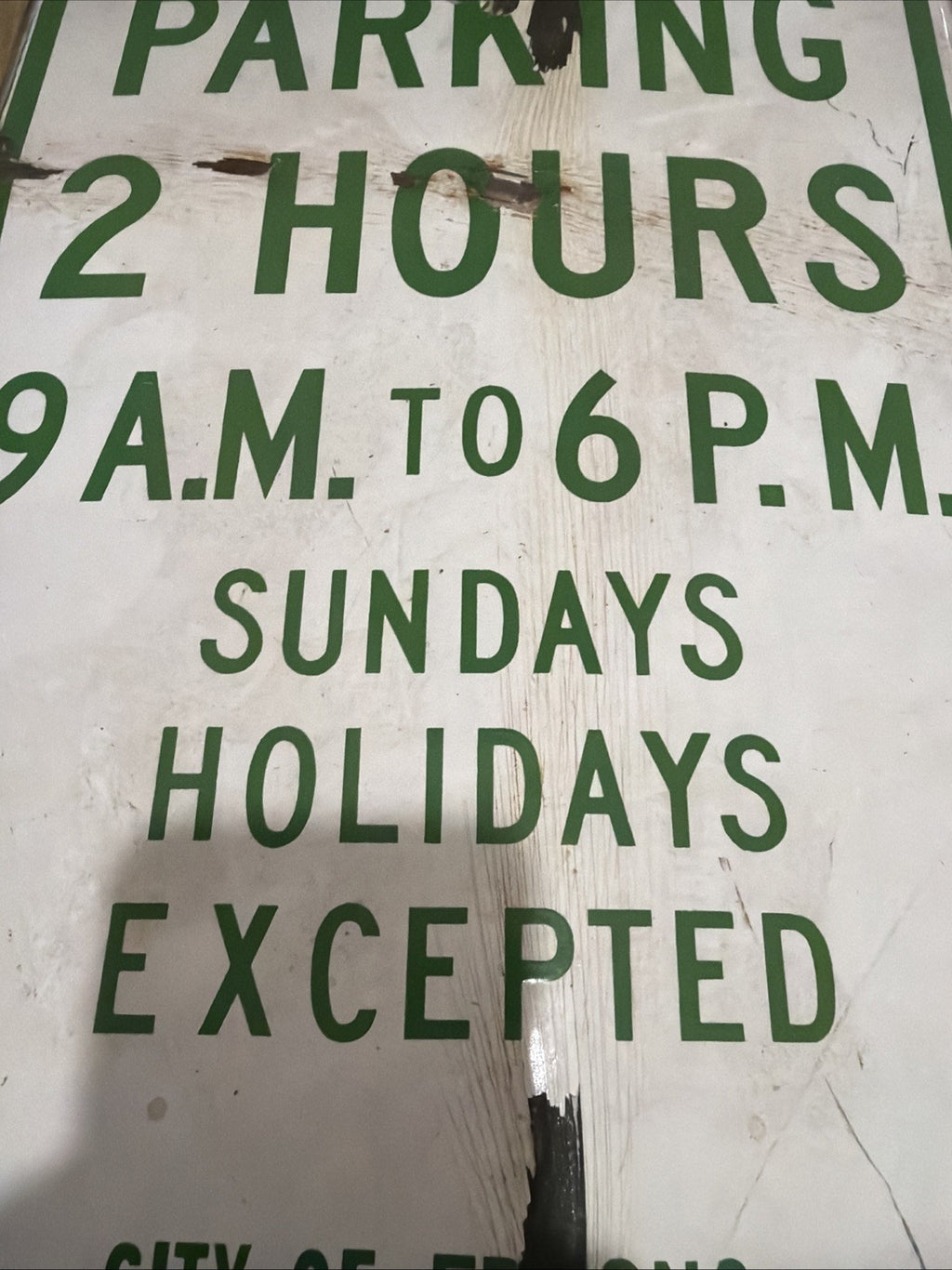 Vintage Porcelain enamel steel 2 Hour Parking Sign California  City Of Fresno3