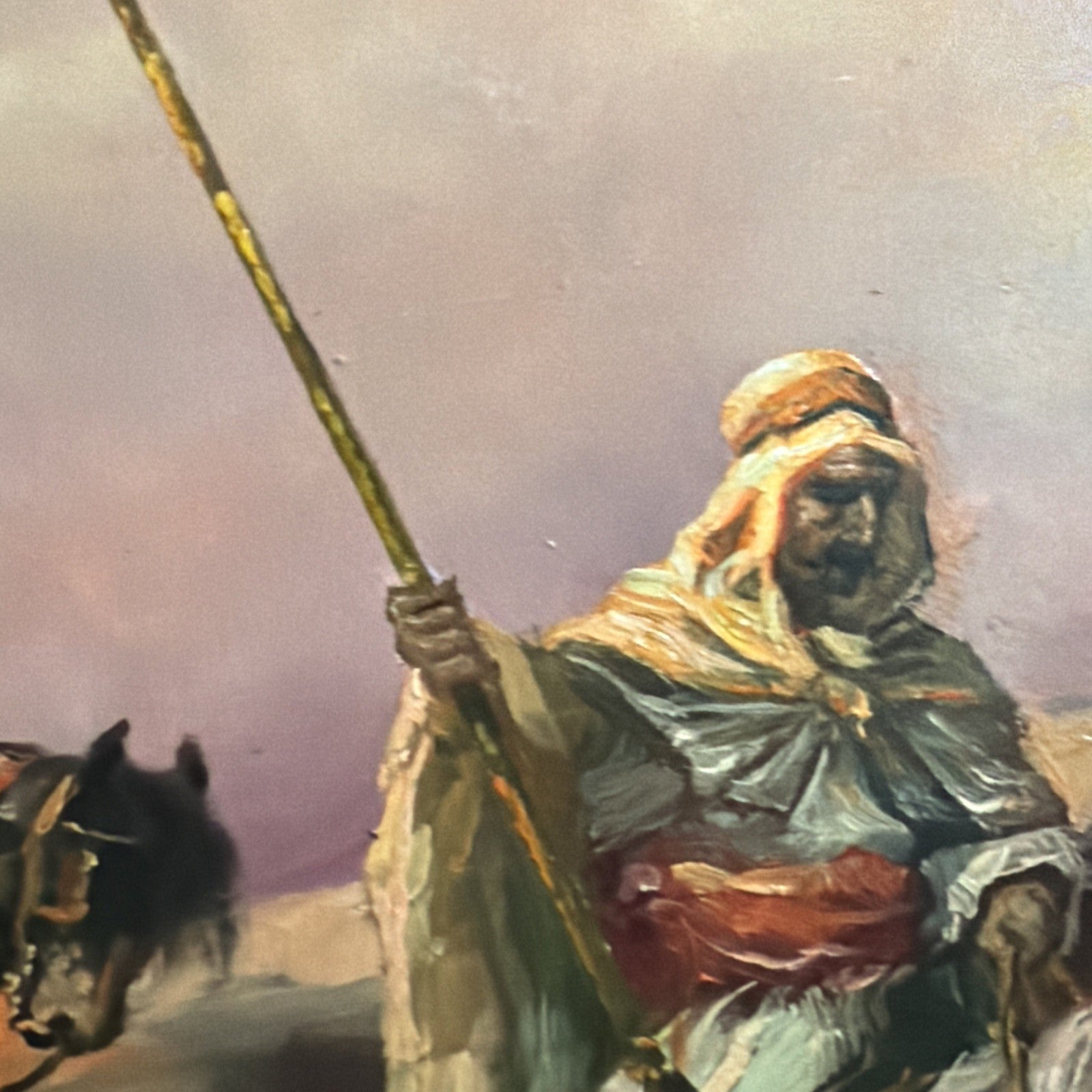 OLD ANTIQUE Ottoman ARAB LANDSCAPE OIL PAINTING Horse MAN MUSLIM Warrior Caravan5