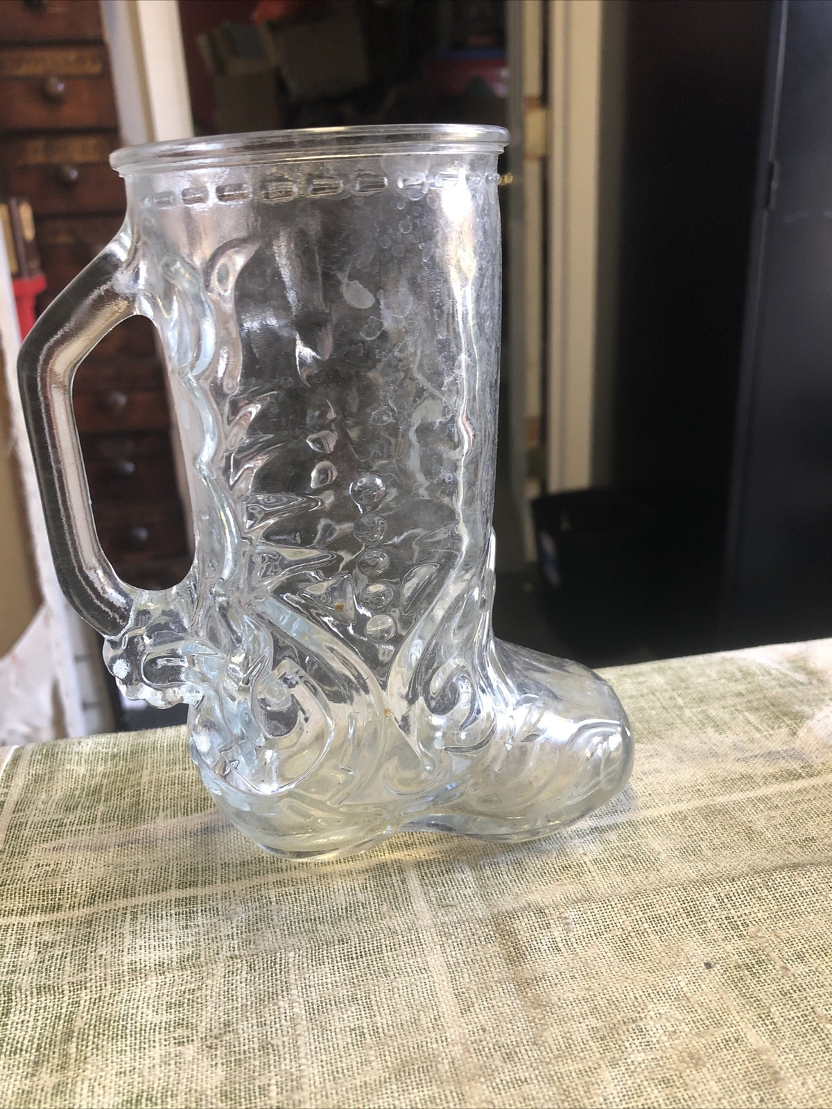 Vintage LIBBEY OF CANADA 6.5” BEER BOOT Mug Embossed Glass w Handle “TYLER”1