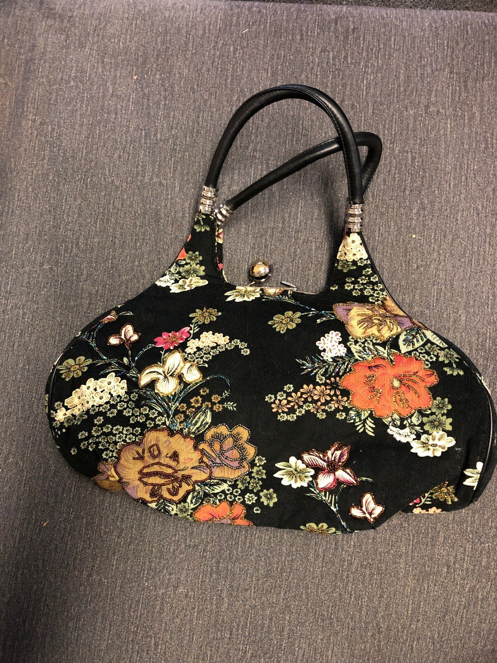 Handmade Quilted Handbag Shoulder Tote Bag Flower Floral Print Black 15x8x4in0