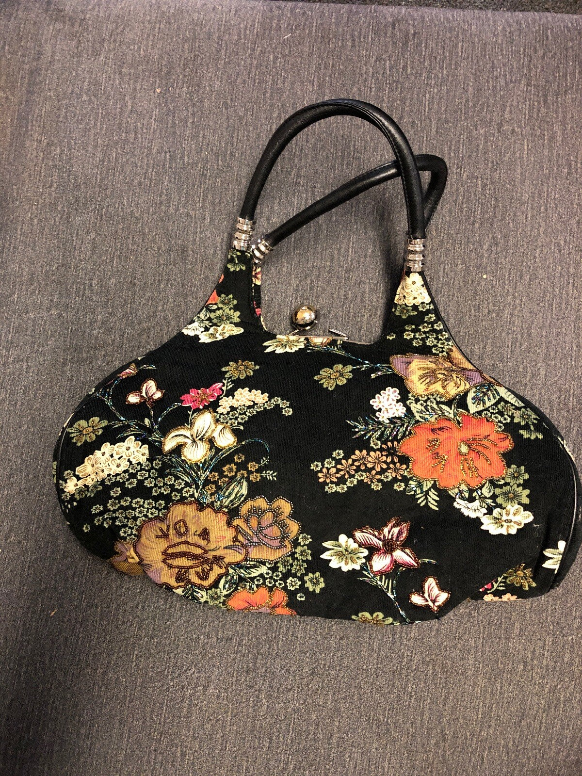 Handmade Quilted Handbag Shoulder Tote Bag Flower Floral Print Black 15x8x4in0