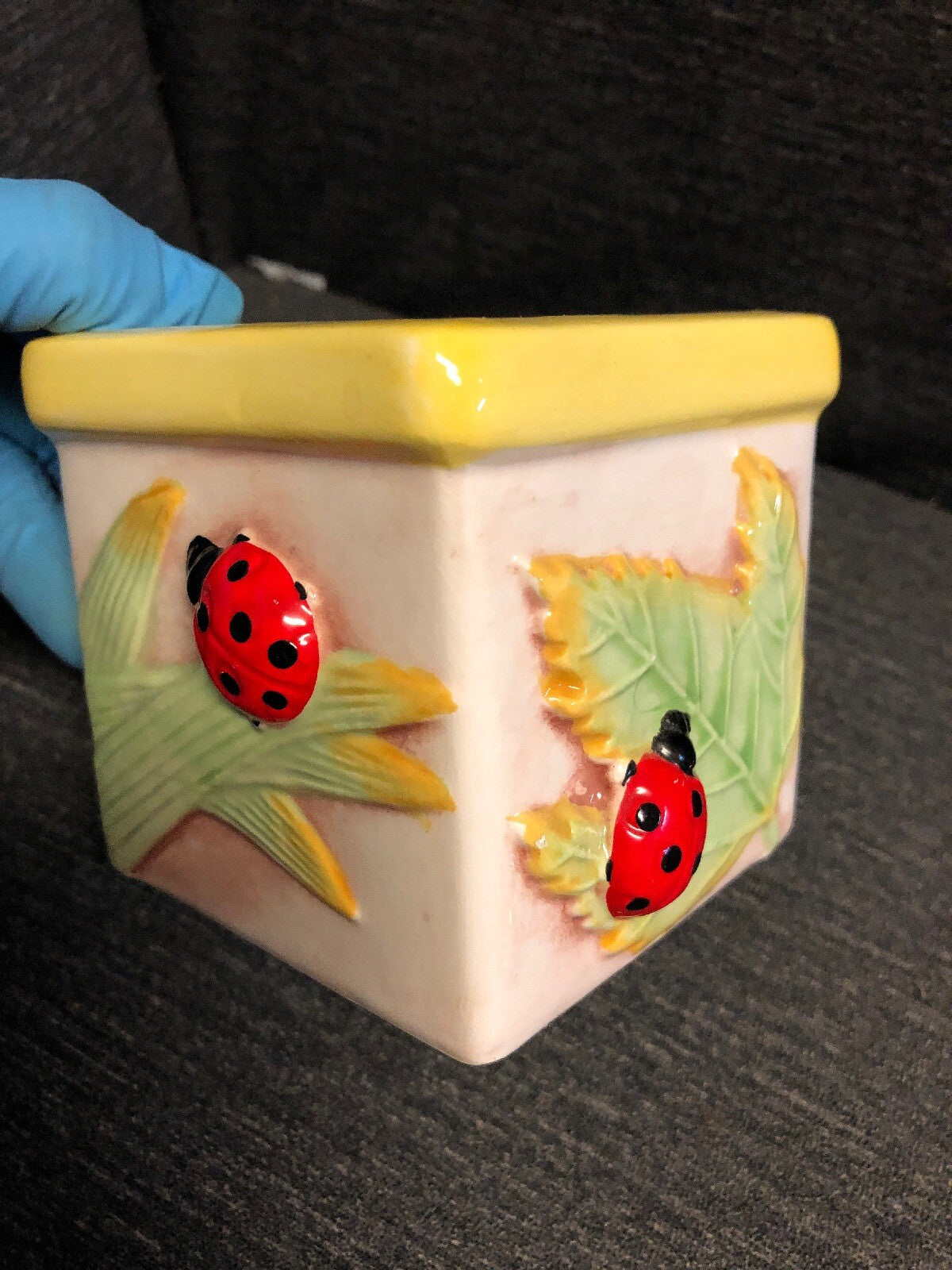 Vintage Painted Lady Bugs And Leaf Square Glass Candle Holder 3.5” x 3.5” x 3.5”0