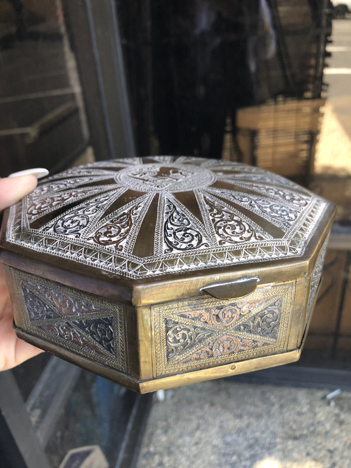 Antique Brass Asian Hexagon Box 7”x2” Jewelry Box4