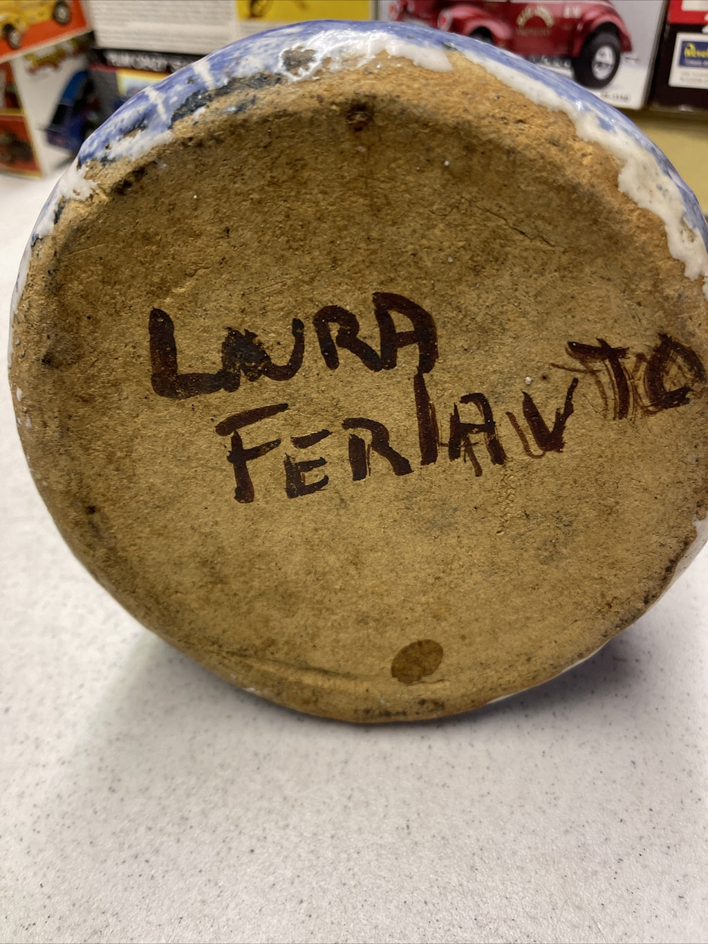 Vintage Laura Ferlavto stoneware Vase Pot pottery cobalt Earthenware Signed5
