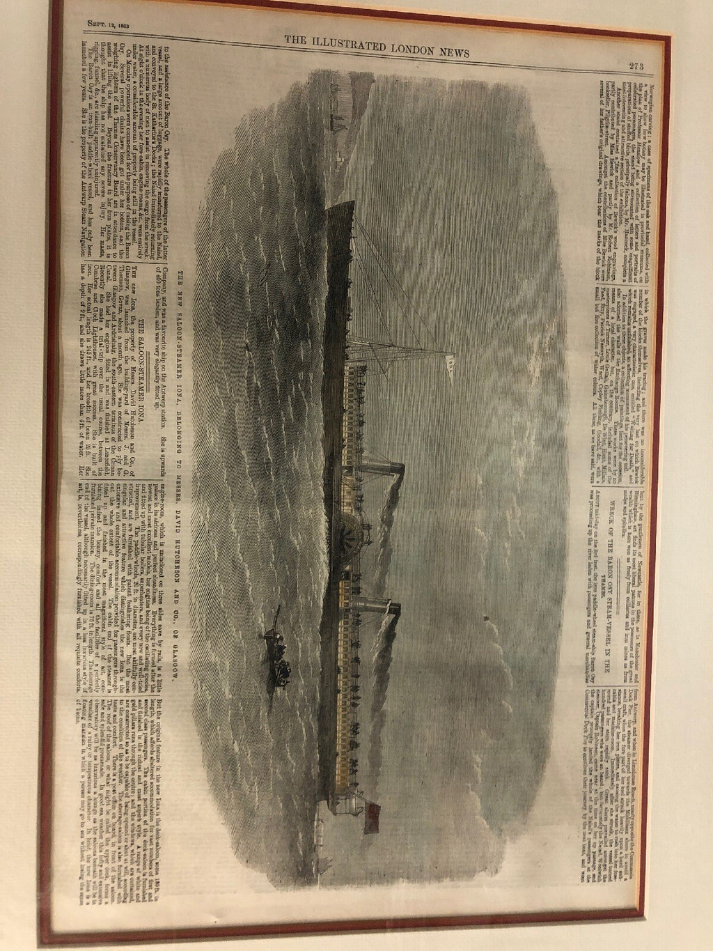 1863 Illustrated London News Print Saloon Steamer Iona Hutcheson & Glasgow Frame3