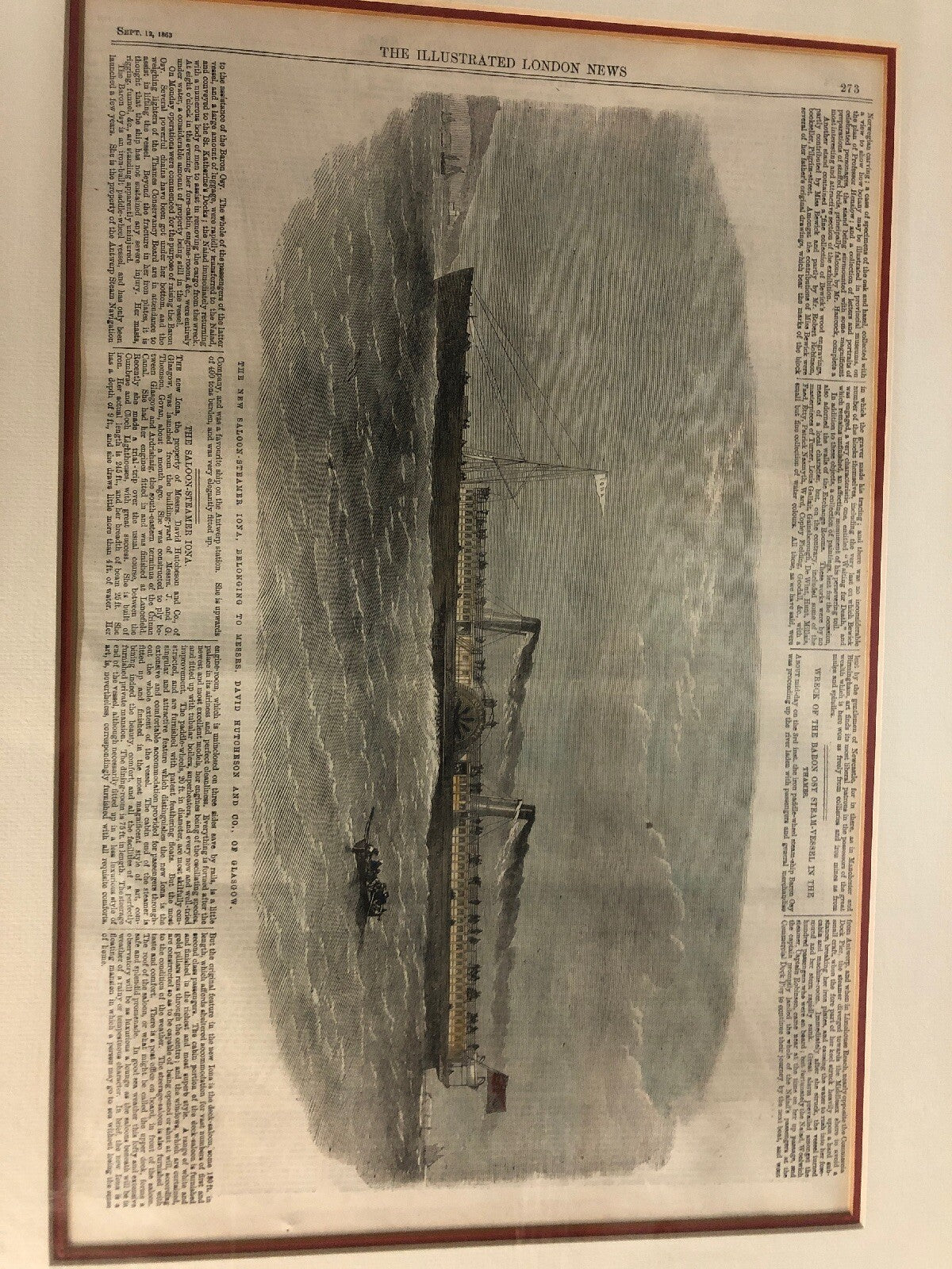 1863 Illustrated London News Print Saloon Steamer Iona Hutcheson & Glasgow Frame3