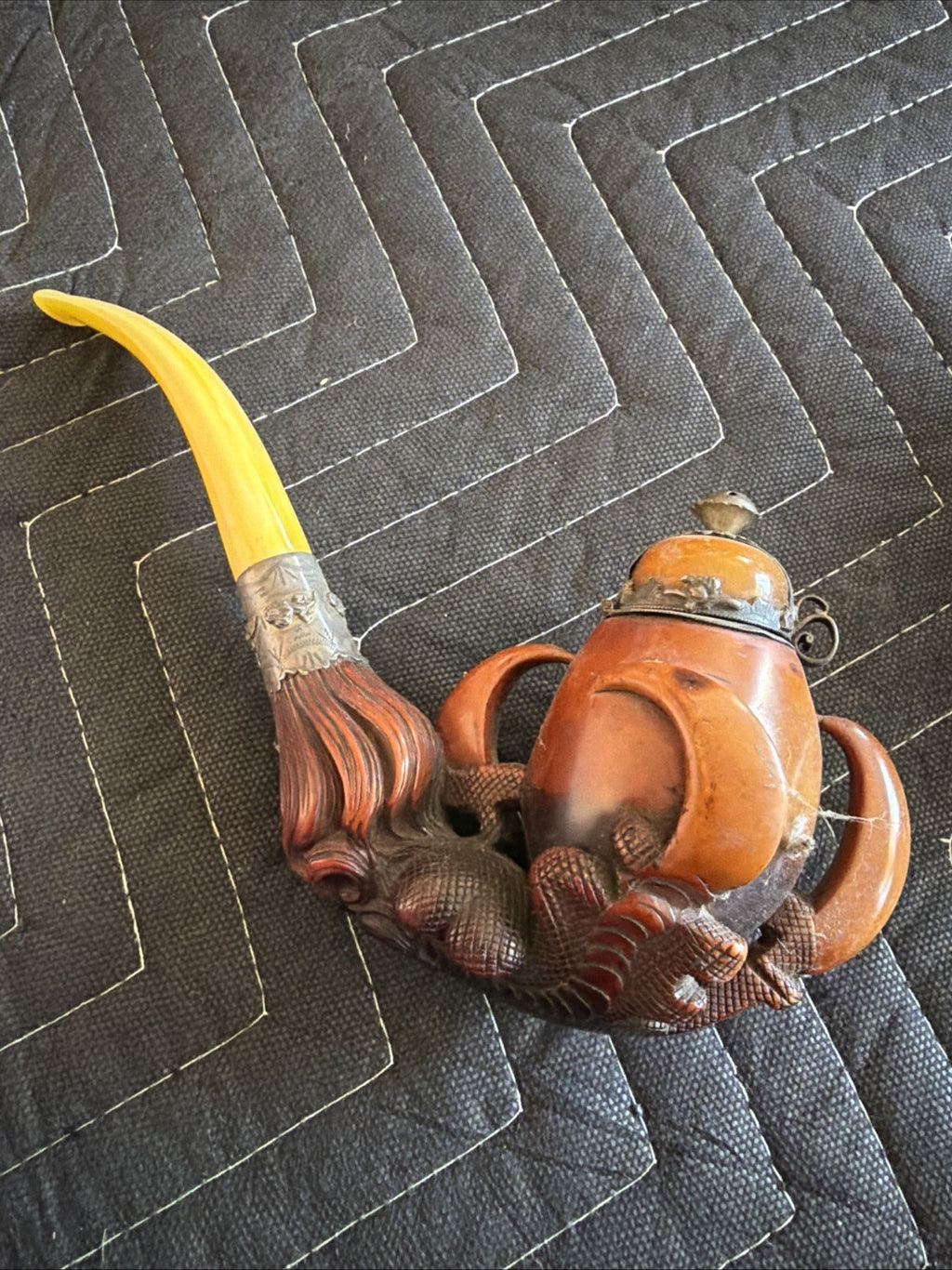 LARGE Antique 1800's carved dragon claw meerschaum pipe Egg Yolk Amber Sterling0