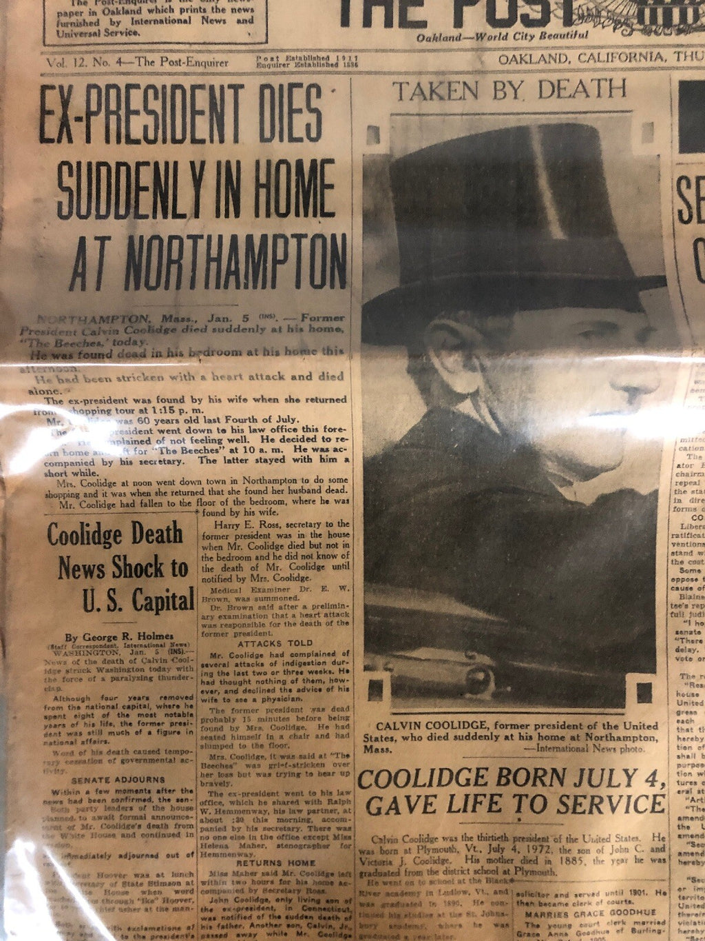 VINTAGE NEWSPAPER FROM 1931 THE Oakland Post Enquirer Calvin Collage Dead1
