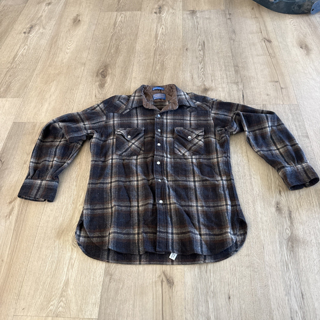 Vtg Pendleton High Grade Western Wear Wool Plaid Pearl Snap Shirt Mens Large USA0