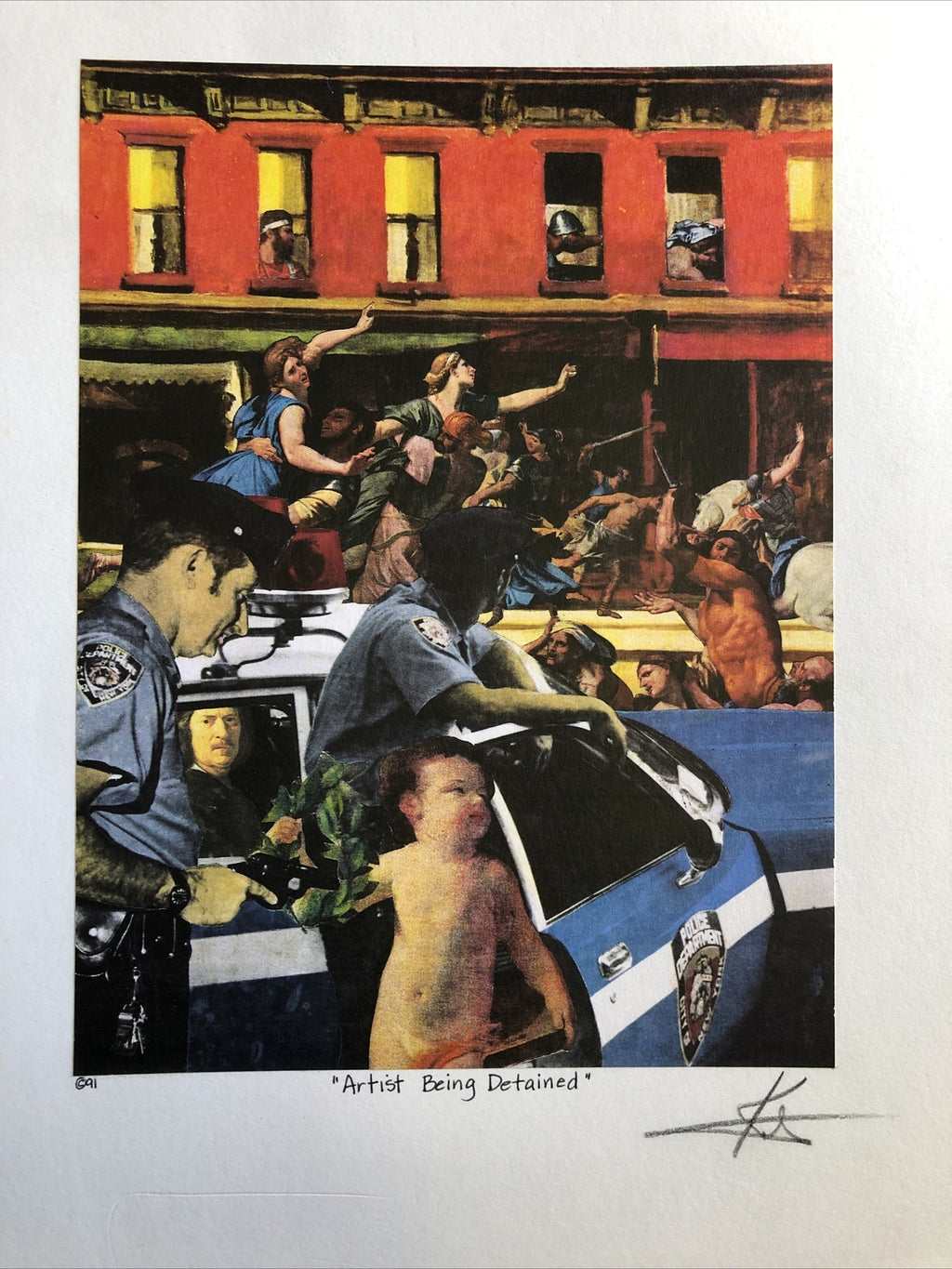 1991 Artist BARRY KITE Signed Art Print “Artist Being Detained” Pop Art 14”x11”7