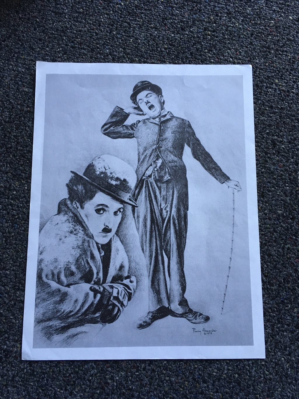Charlie Chaplin PRINT of 1979 Charcoal Drawing by Known Artist Penny Alexander0