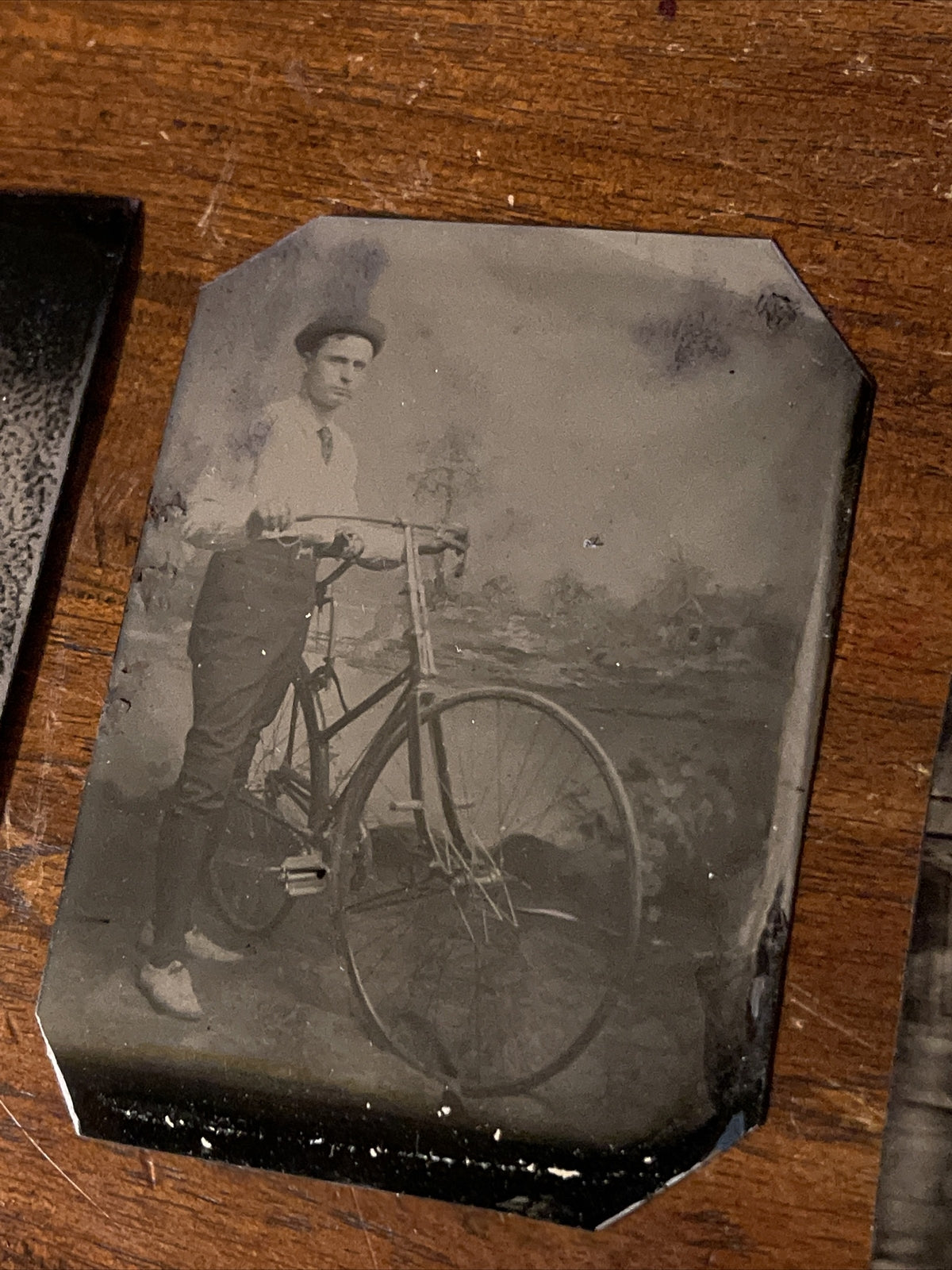 Woman on Bicycle Tintype, c1870s, 2.5" x 3.5"2