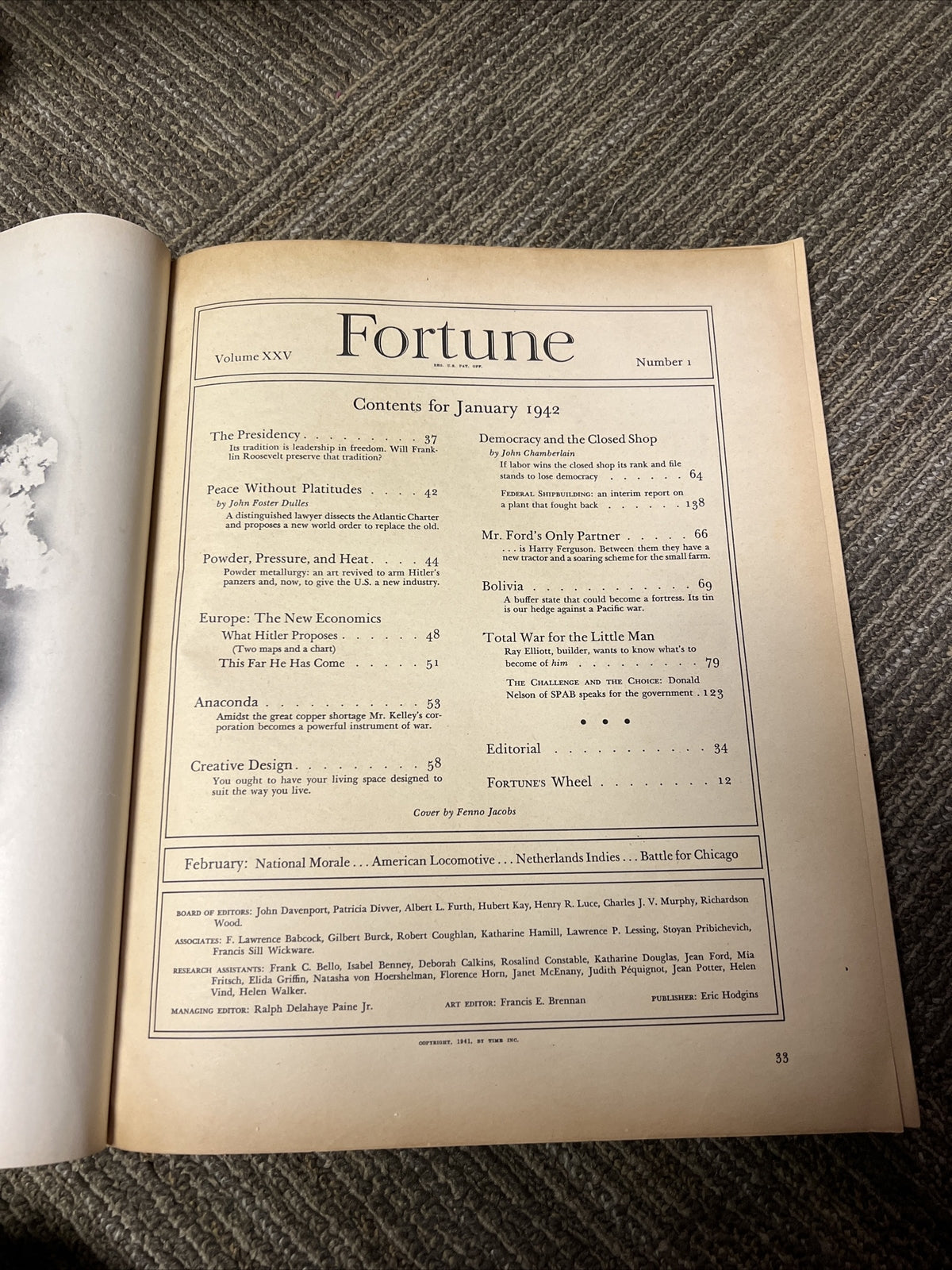 1942 JANUARY FORTUNE MAGAZINE, BEAUTIFUL ADS, ILLUSTRATED FRONT COVER, VINTAGE1