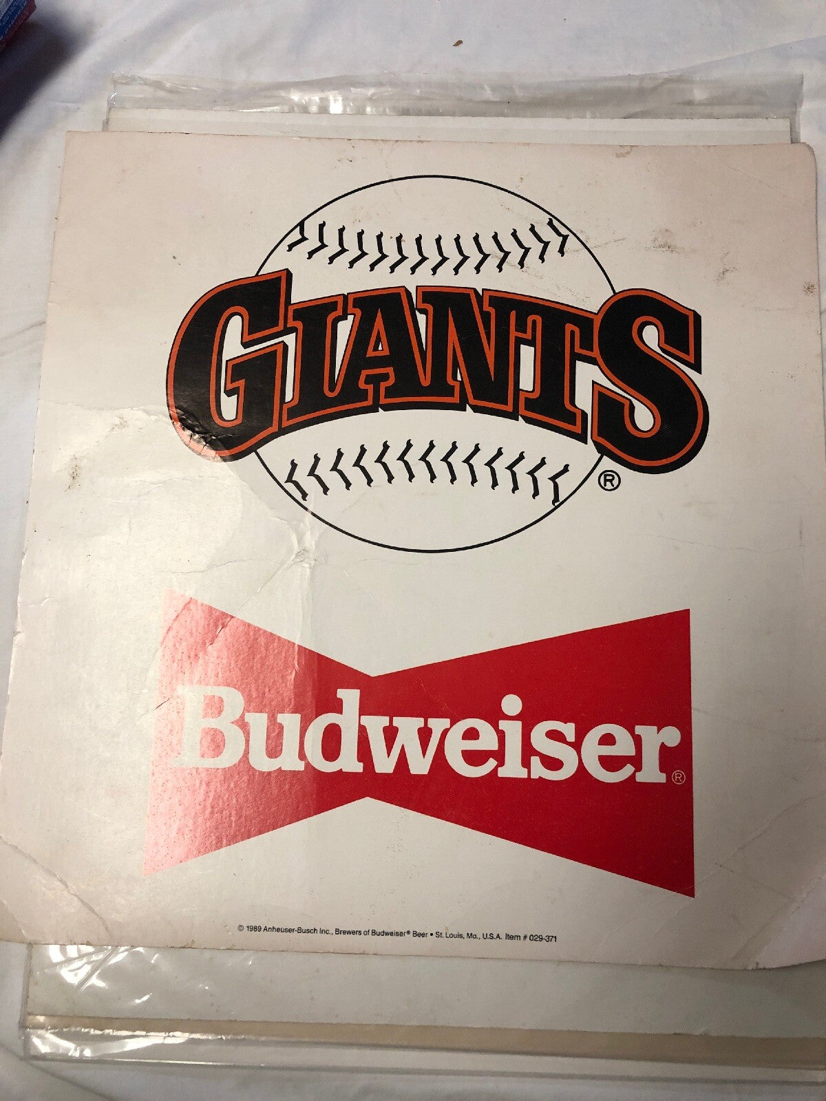 Vintage 1989  Giants Budweiser  Cardboard Sign 18”x17.5” Bit Folded On Corner0