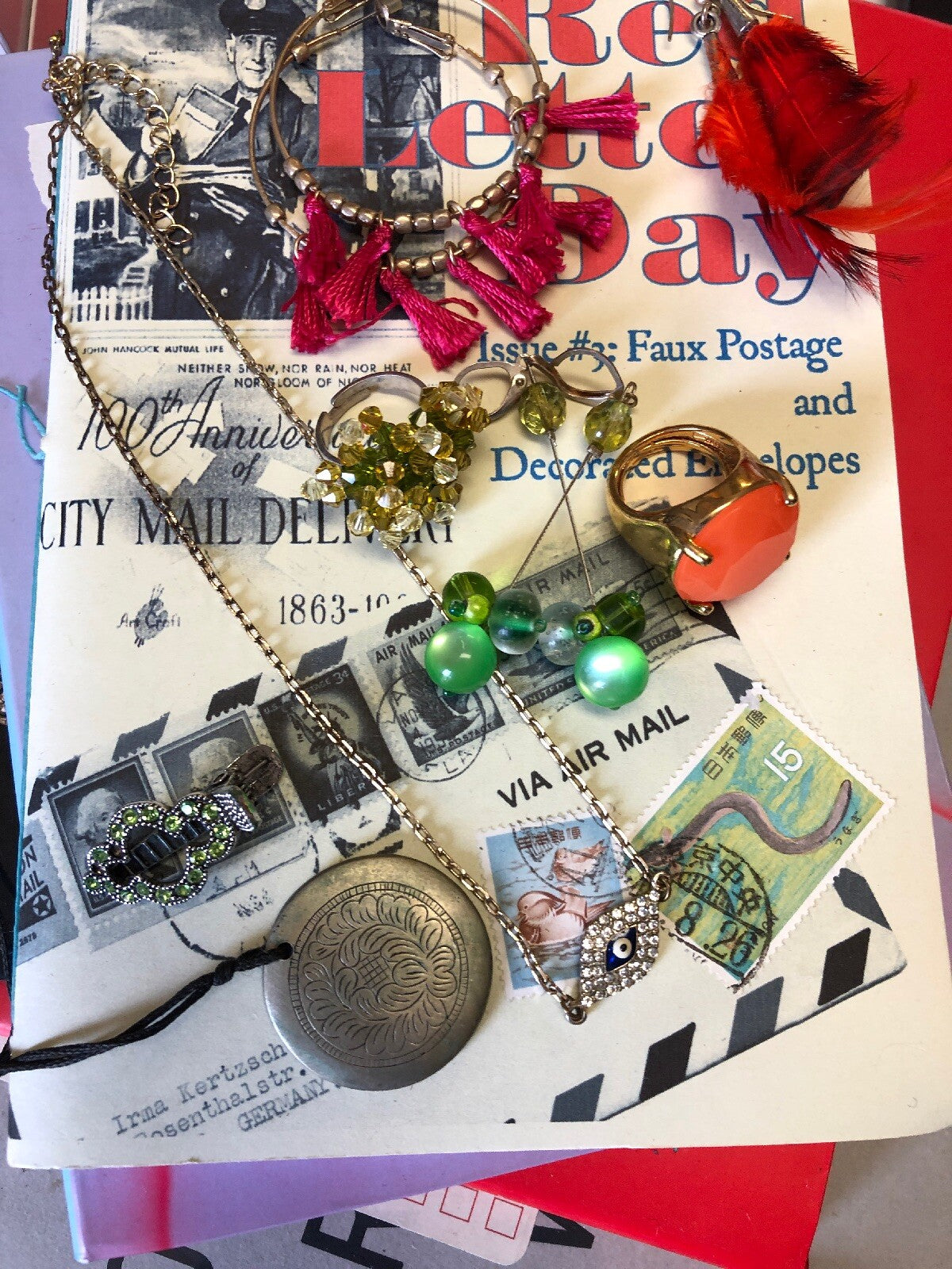 Jewelry Lot 7 Earrings Necklaces Rings. Evil Eye, Green Orange, Pink Red0