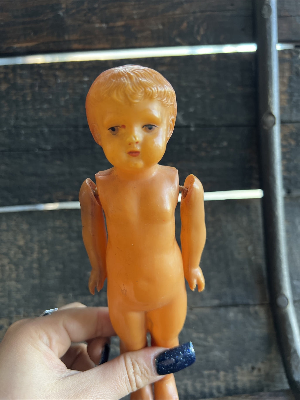VINTAGE Small Celluloid Boy Doll with Swinging Arms , German Made Doll ?1