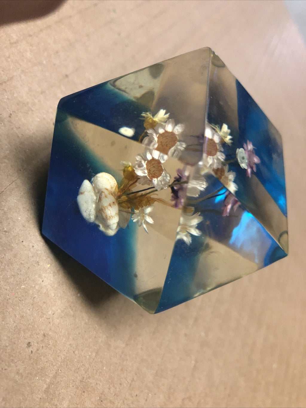 Vintage Chinese Glass Paperweight Flowers Sea Shells 2”x2” Republic Of China2