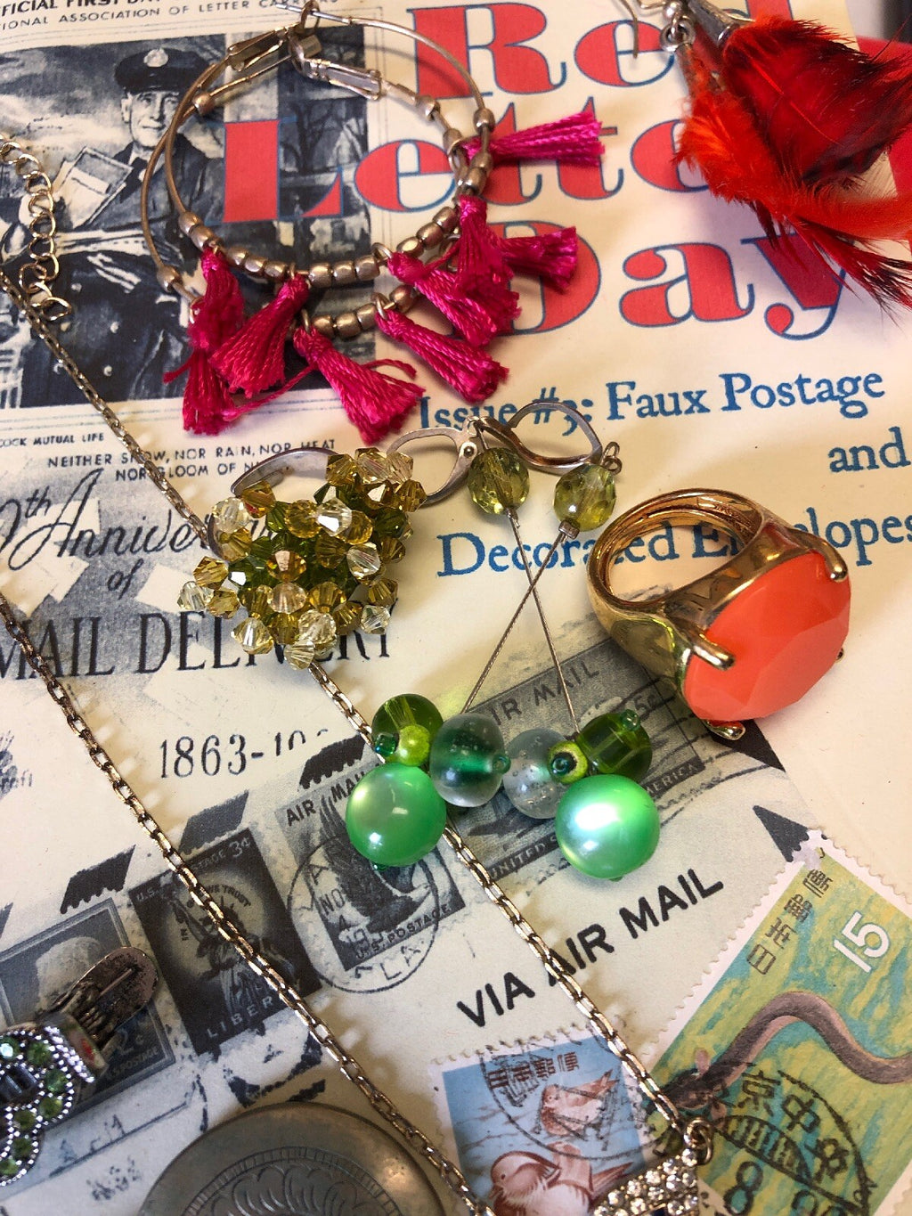 Jewelry Lot 7 Earrings Necklaces Rings. Evil Eye, Green Orange, Pink Red3