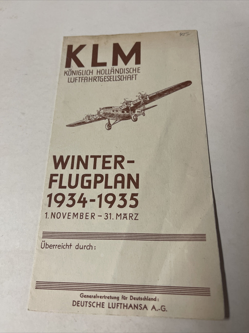 KLM Deutsche Lufthansa 1934 Nov. AIRLINE TIMETABLE SCHEDULE Brochure flight Map0