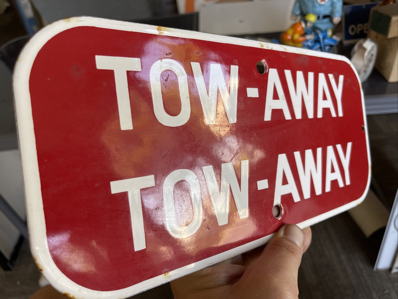 Nice Original Tow Away Porcelain Sign Zone County Sign 12” x 5.5” 1950-60s1
