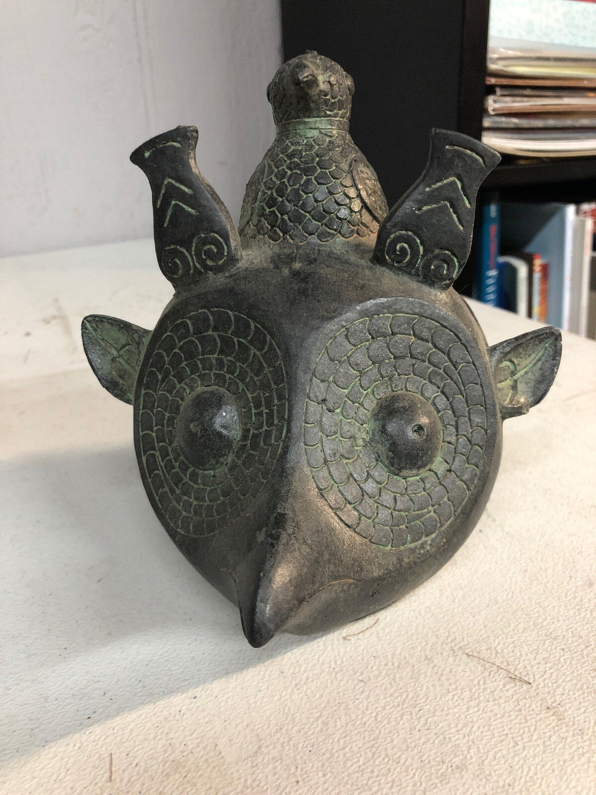 Vintage Asian Or Egyptian Or South American Metal Owl Hawk W Bird Head.1