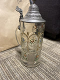 Antique Lidded Cut Glass Mug painted German Beer Stein pewter top 9”0