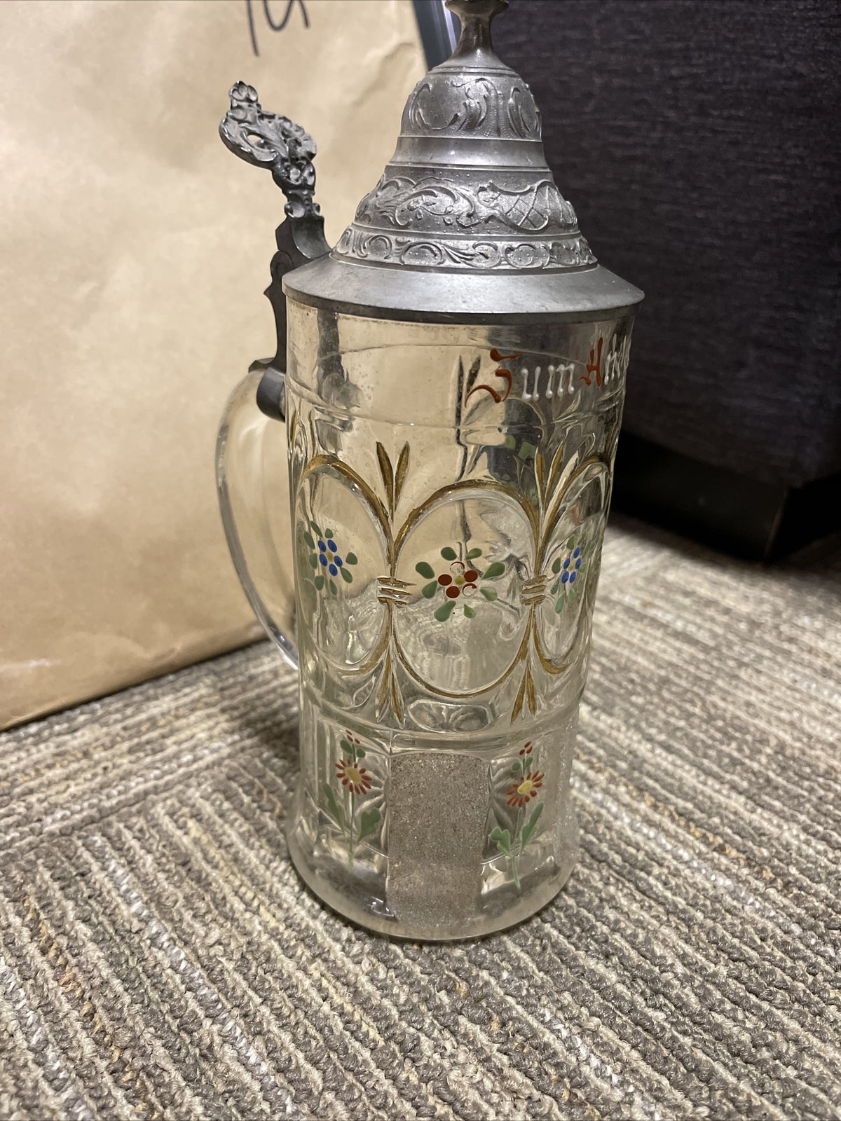 Antique Lidded Cut Glass Mug painted German Beer Stein pewter top 9”0