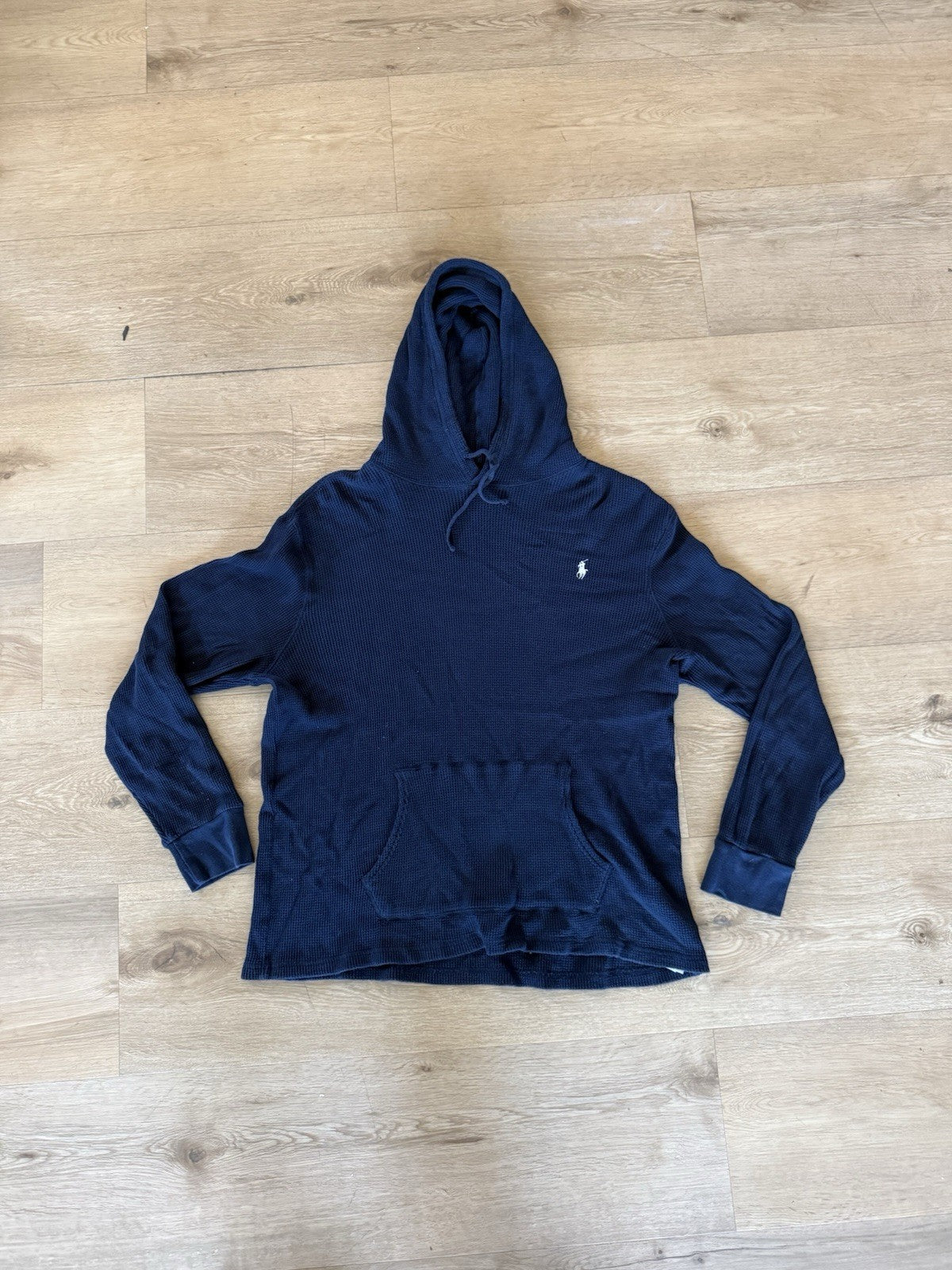 Polo Ralph Lauren Waffle Knit Hoodie Mens Blue Thermal Pullover sz XL0