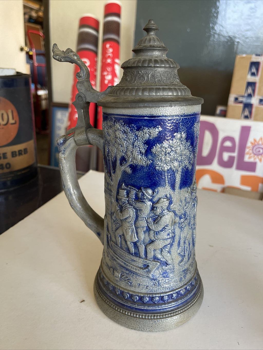 Large Antique Salt-Glazed 1L German Beer Stein Mug #1084 Cobalt Mug0