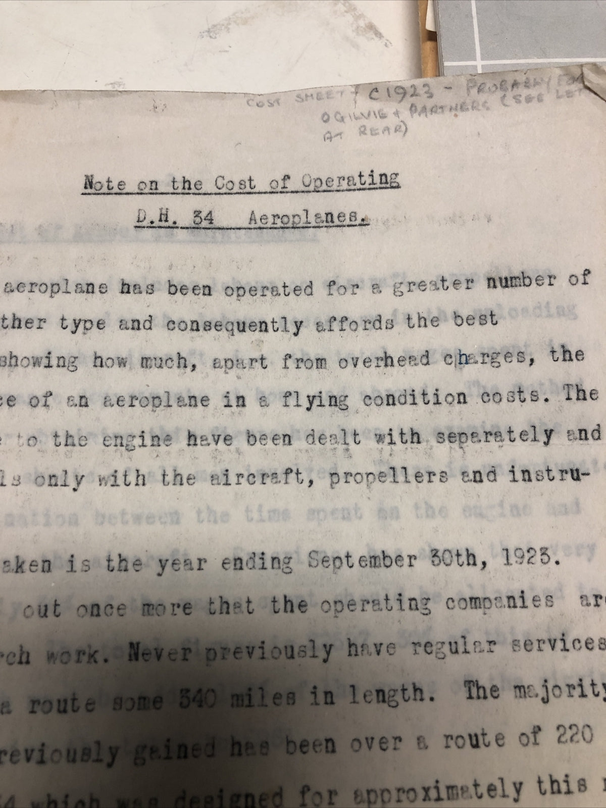 Noted On The de Havilland DH.34 1923 Papers Ogilvie & Partners L Vintage Paper1