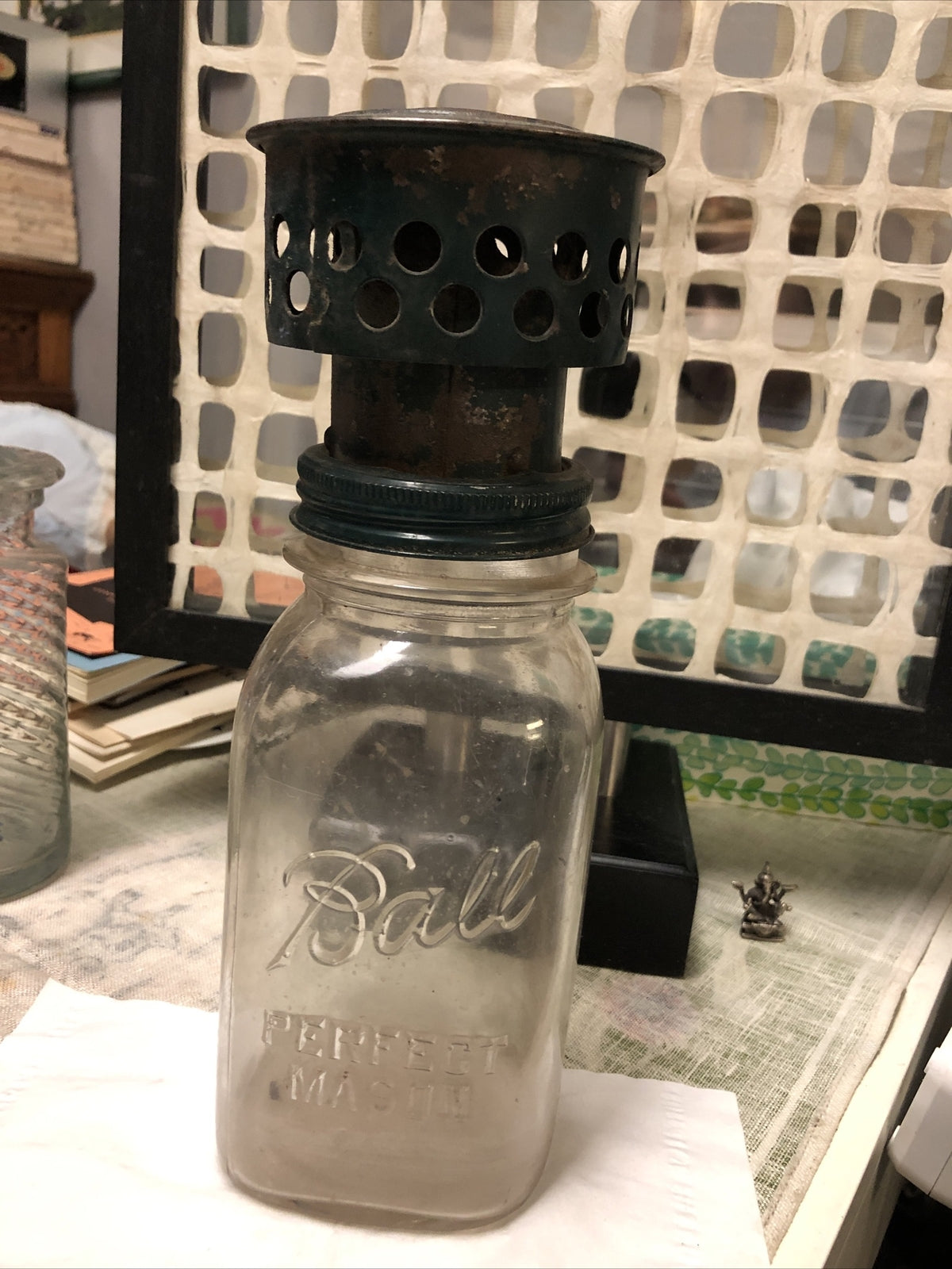 Vintage Ball Perfect Mason Jar With Removable Kerosene Burner Lid0