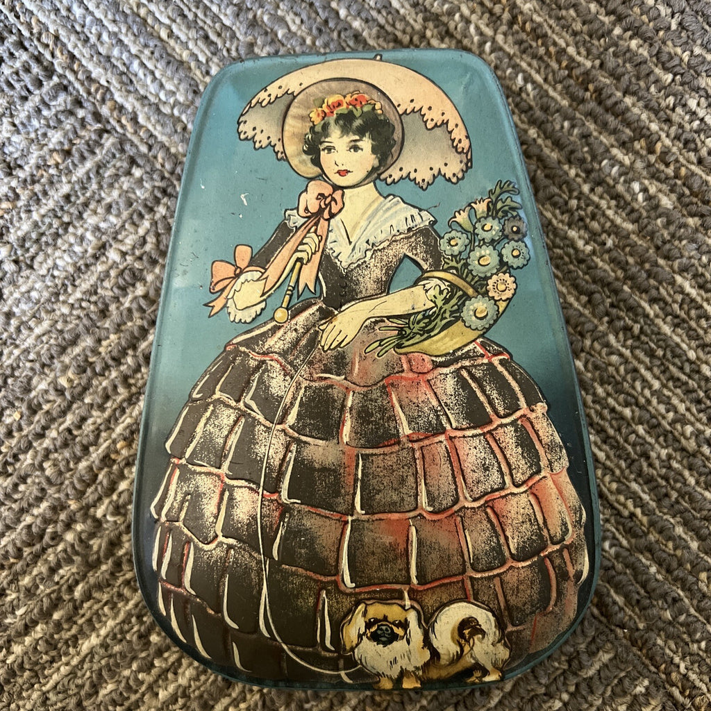 Vintage Boy Blue Tin Candy Container Victorian Woman With Dog Image0