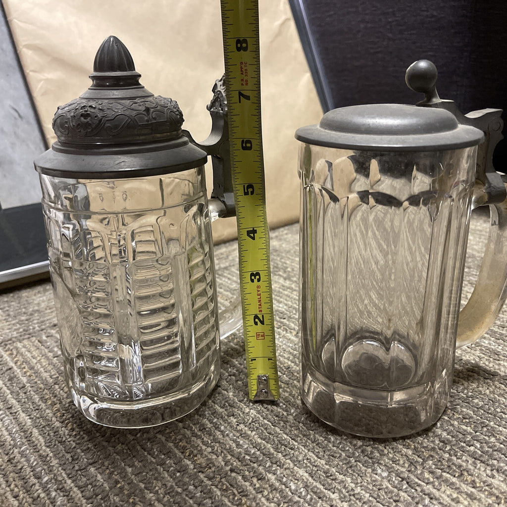 Antique lot of 2 Lidded Cut Glass Mug German Beer Stein pewter top6