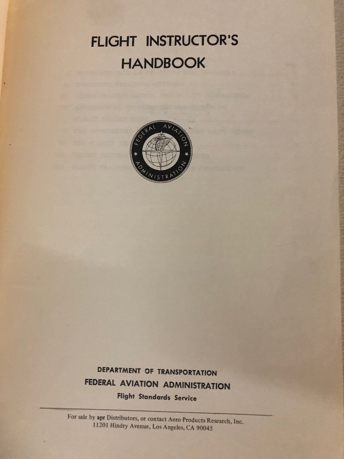 Vtg Flight Instructor's Handbook Federal Aviation Agency Paperback AC61 16A APR2