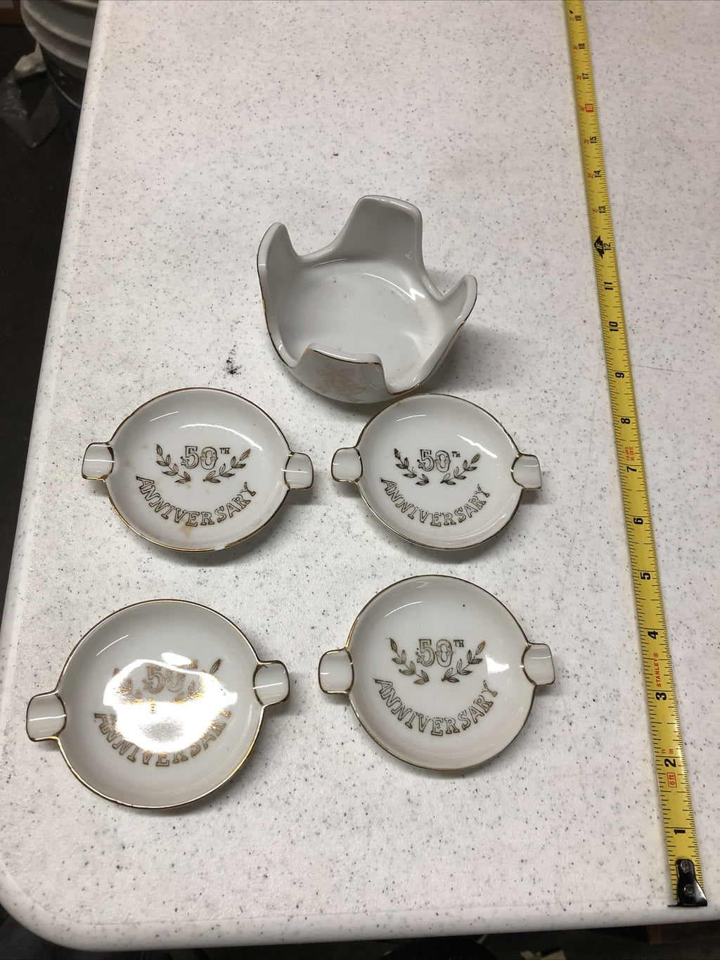 Vintage Lefton Ashtray 50th Anniversary Small Gold White Bone China Japan Set0