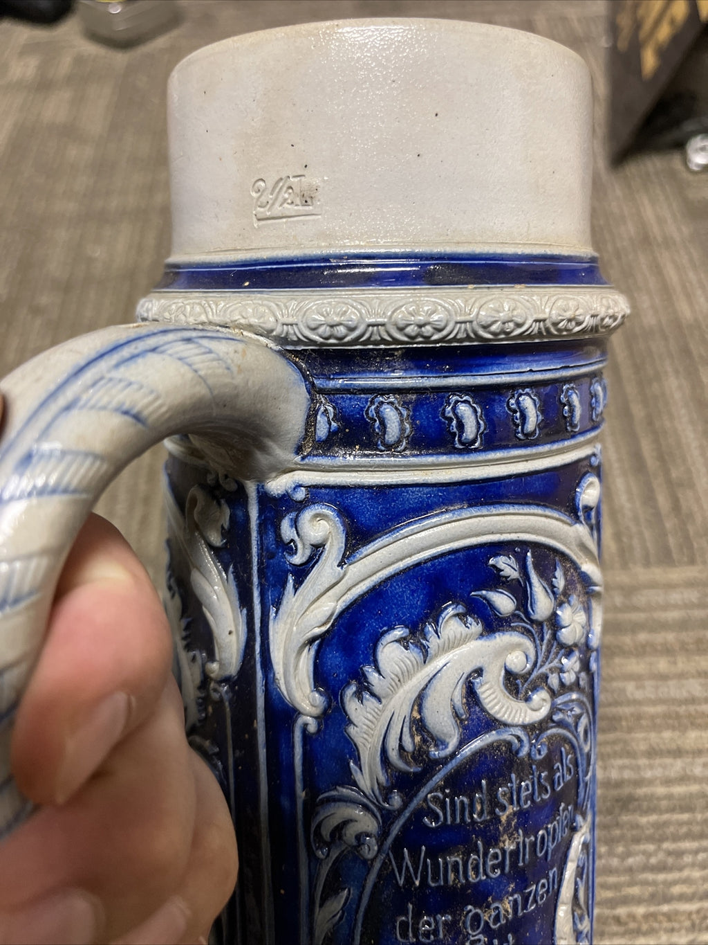 Large Antique Salt-Glazed 2.5L German Beer Stein At The Pub #1195 Cobalt Mug2