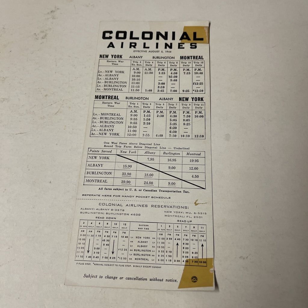Colonial Air August 1944 AIRLINE TIMETABLE SCHEDULE Brochure flight Map1