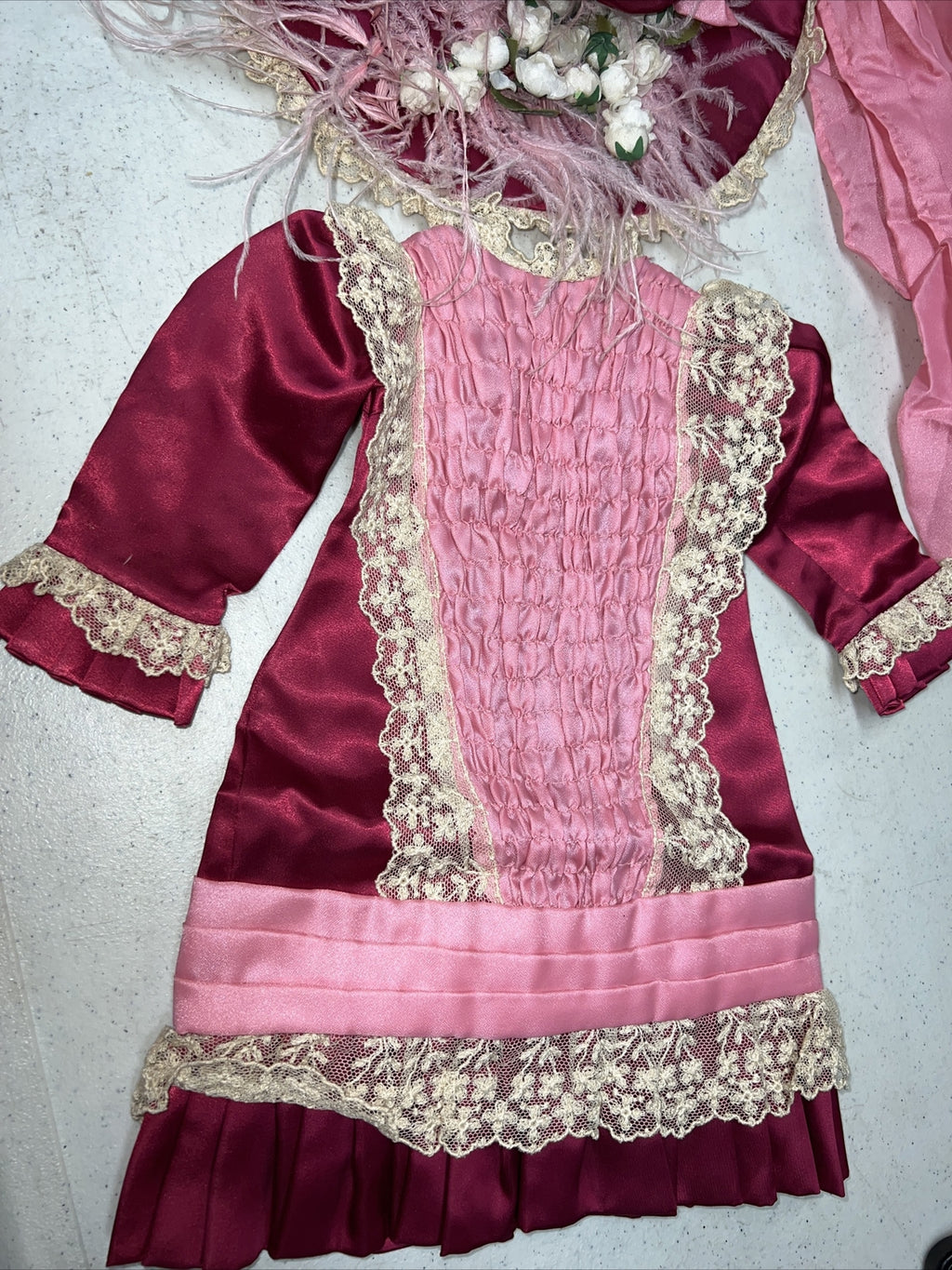 Beautiful Pink Antique Vintage 1800’s Doll Dress and Hat Set2