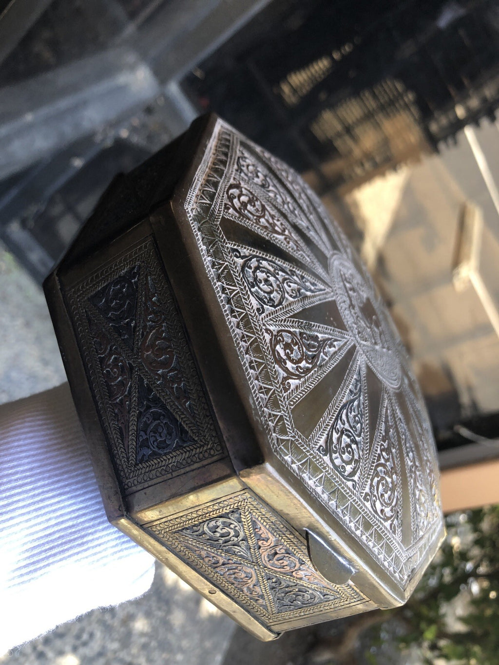 Antique Brass Asian Hexagon Box 7”x2” Jewelry Box1