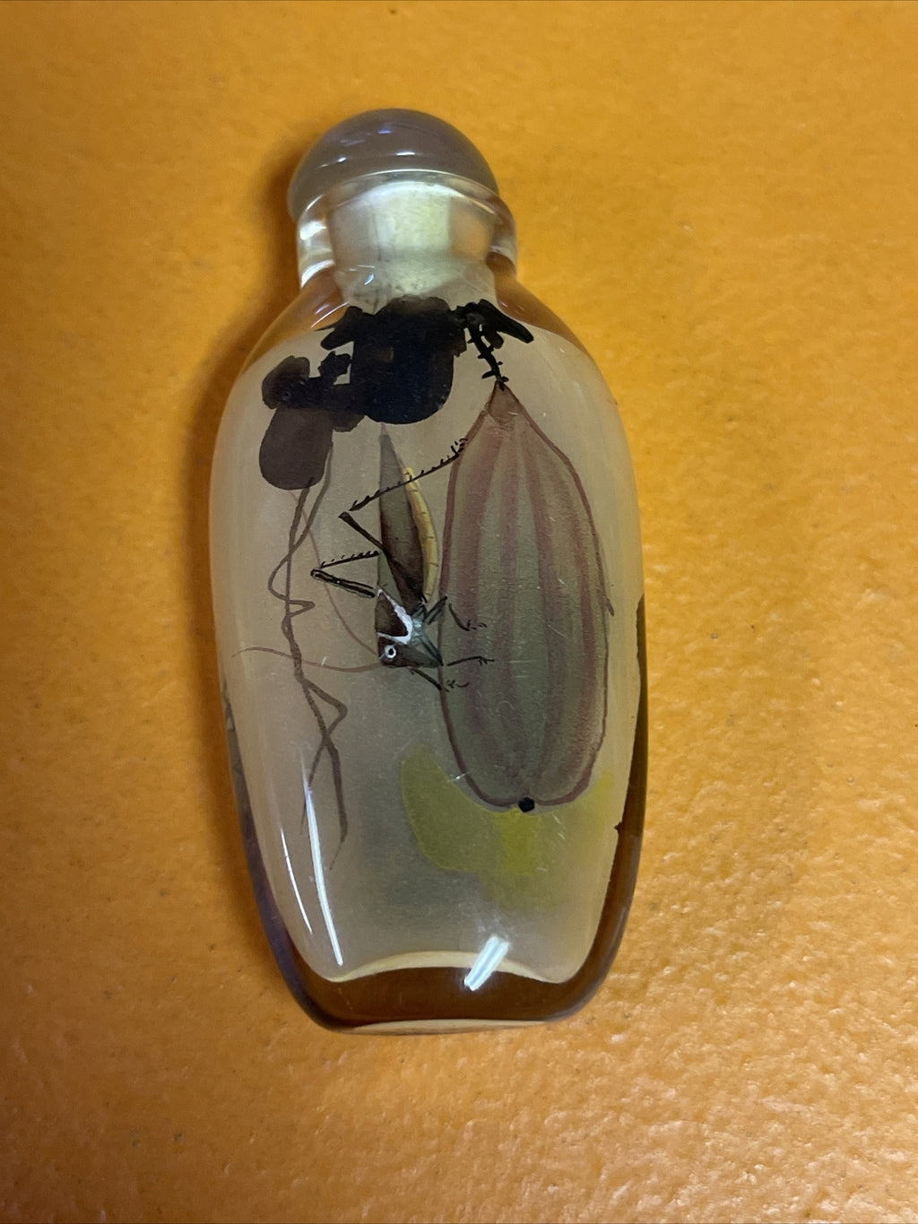 ~ Vintage Inside Reverse Painted Chinese Snuff Bottle grasshopper Signed2