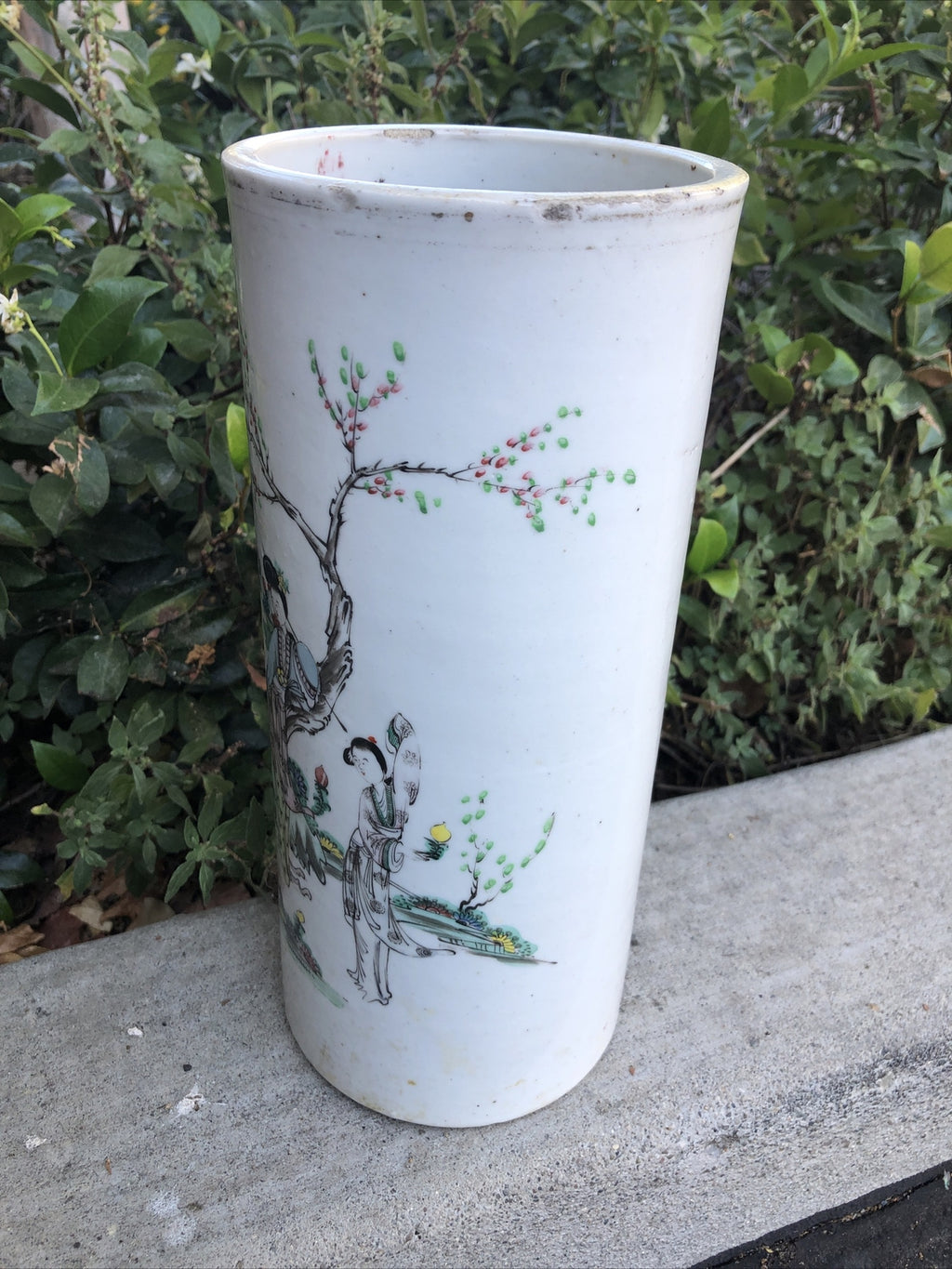 Antique Chinese Famille Rose Porcelain Hat-Stand Vase 11”x5” Family In Nature3