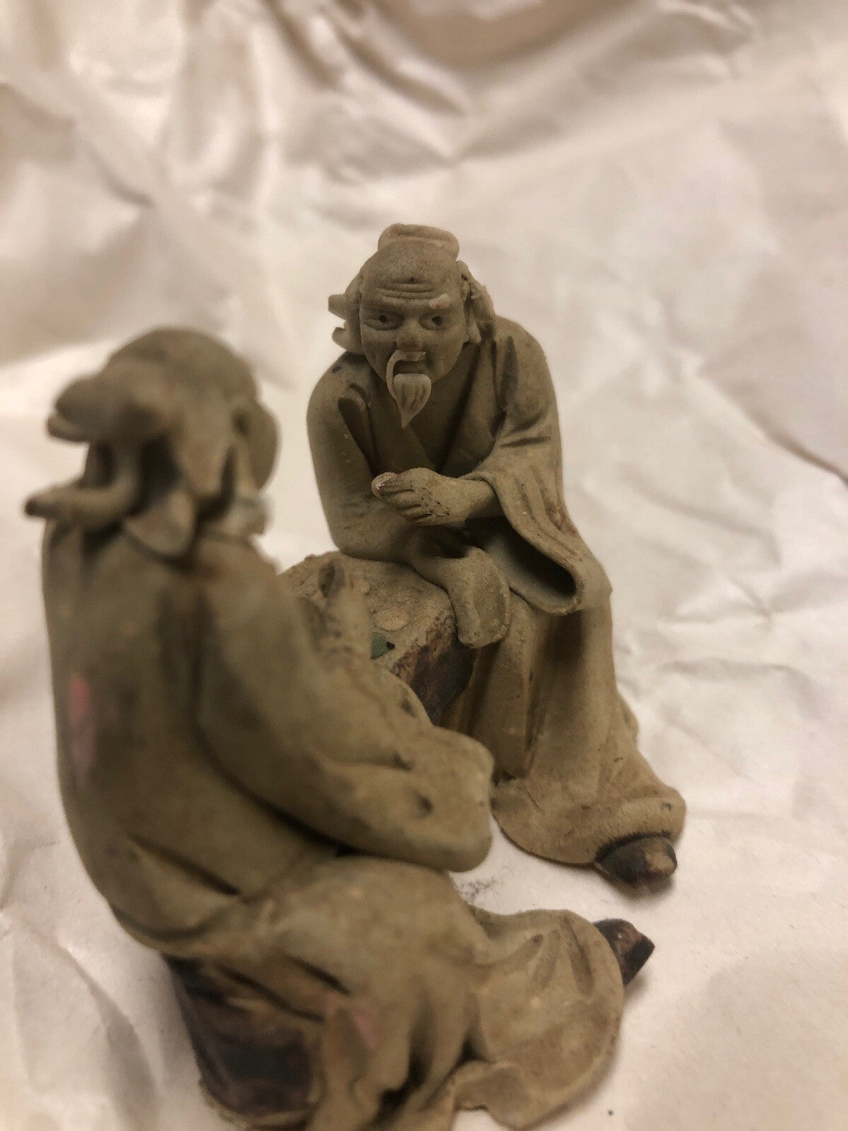 2 Lot Vintage Mudman Chinese Pottery Figurine Statue Men Playing Chess Checkers4