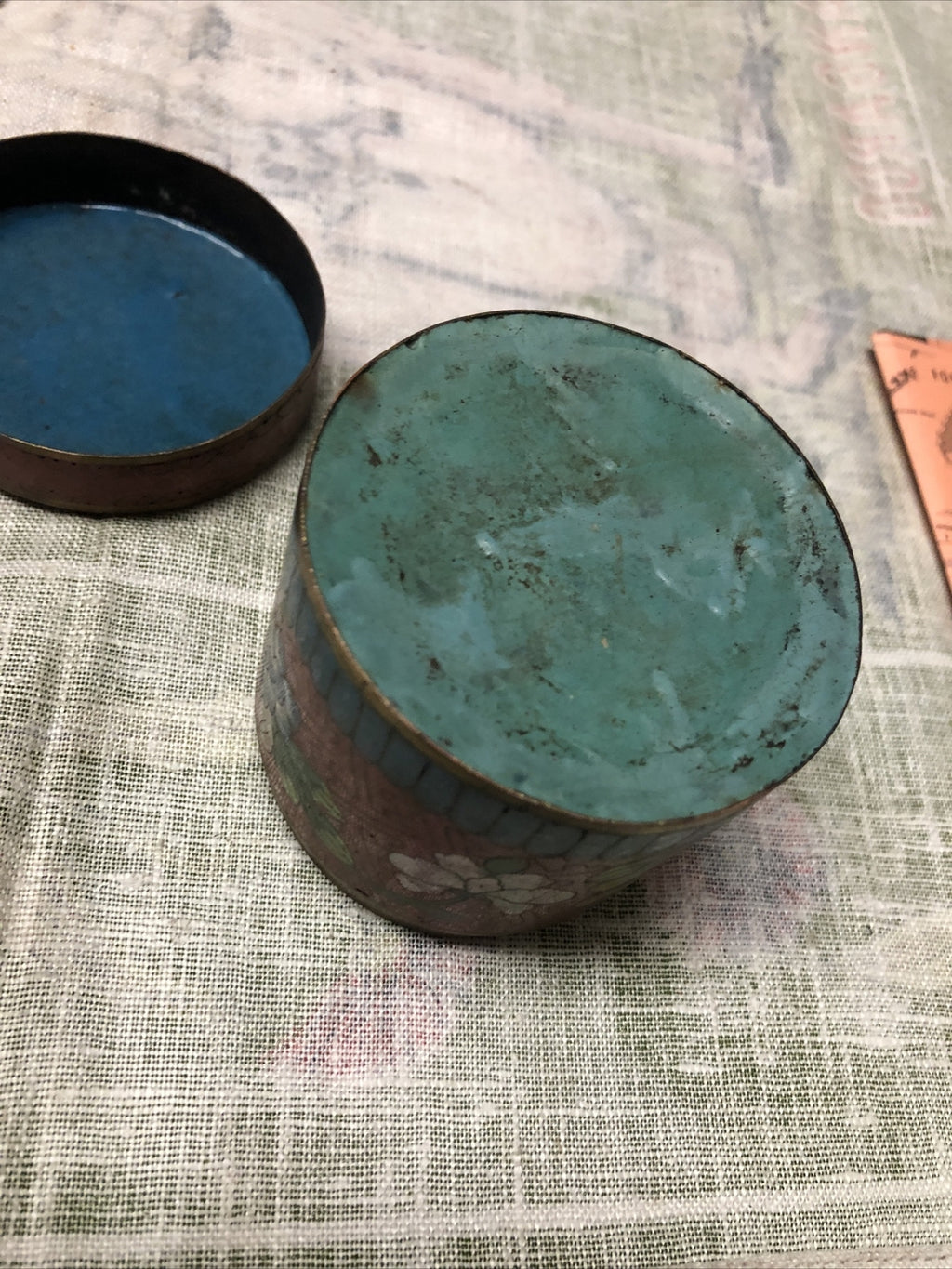 Antique Chinese Cloisonne Metal Tea Caddy 3”x3”4