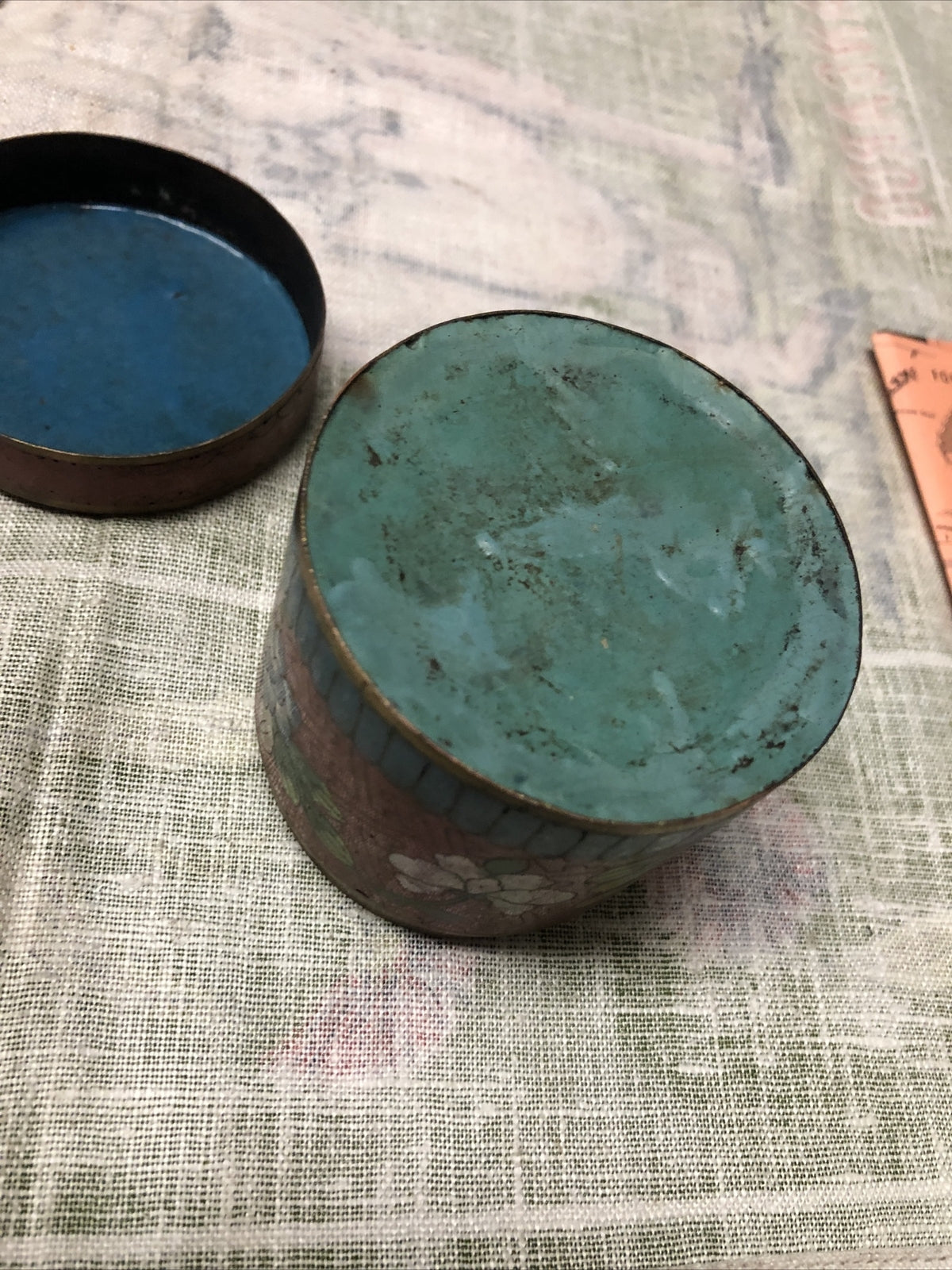 Antique Chinese Cloisonne Metal Tea Caddy 3”x3”4