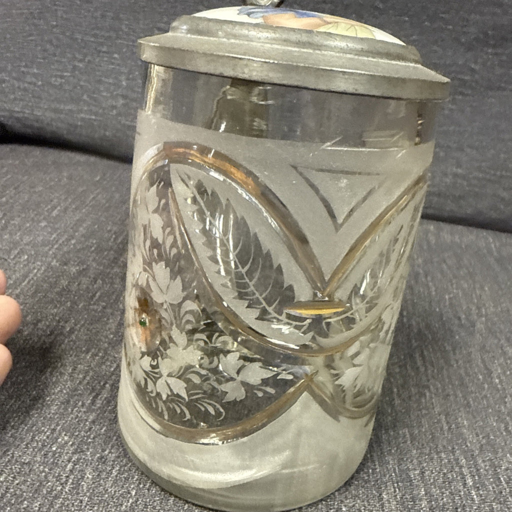 Antique German Etched Glass Porcelain Girl Beer Heavy Crystal Stein2
