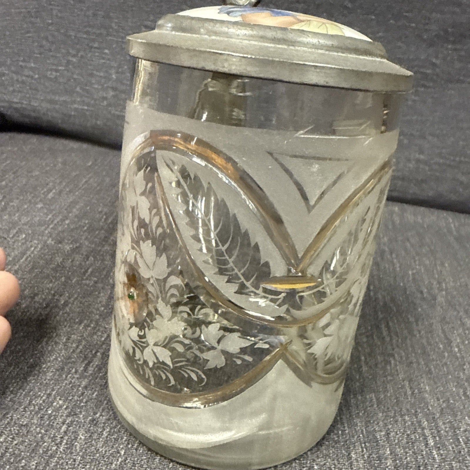 Antique German Etched Glass Porcelain Girl Beer Heavy Crystal Stein2