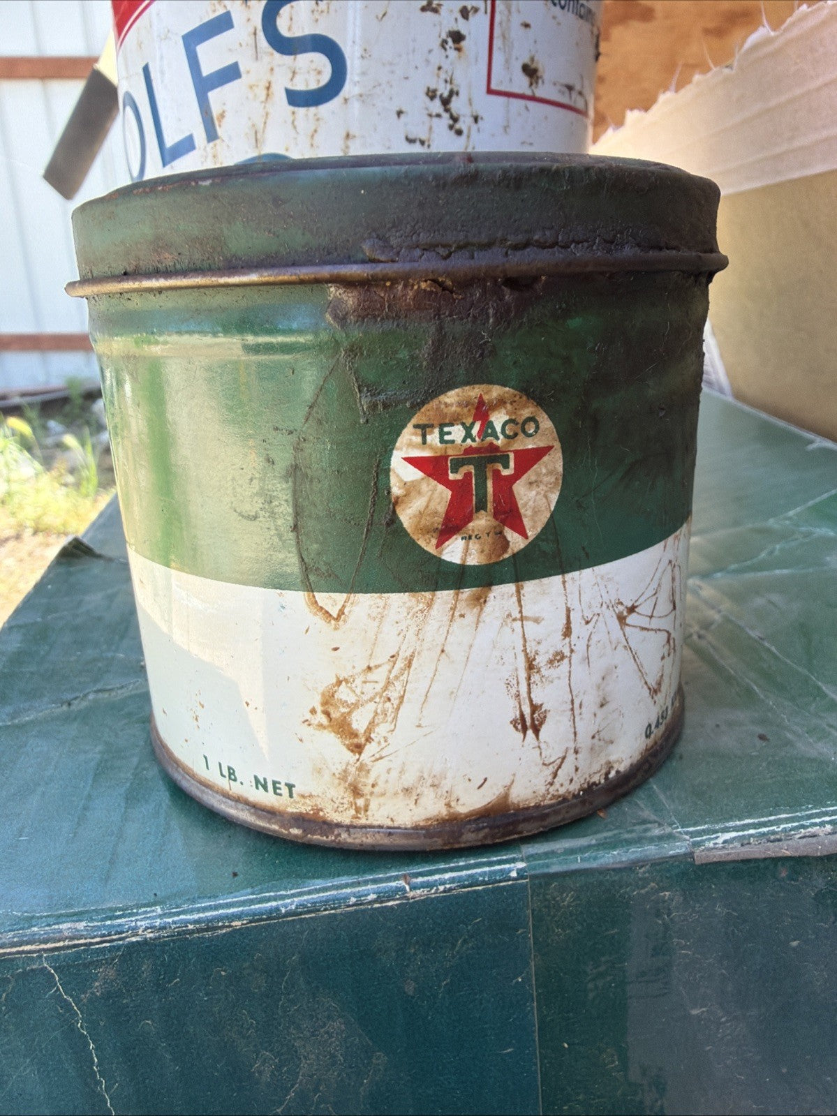 VINTAGE TEXACO MOTOR CUP GREASE METAL ONE POUND Quart TIN GREEN T Can3