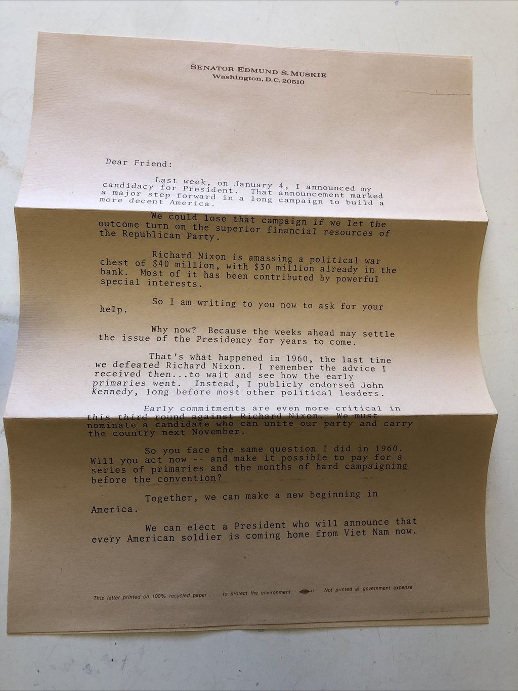 Vintage: Edmund Muskie Vs Nixon Request For Donations To presidential campaign3