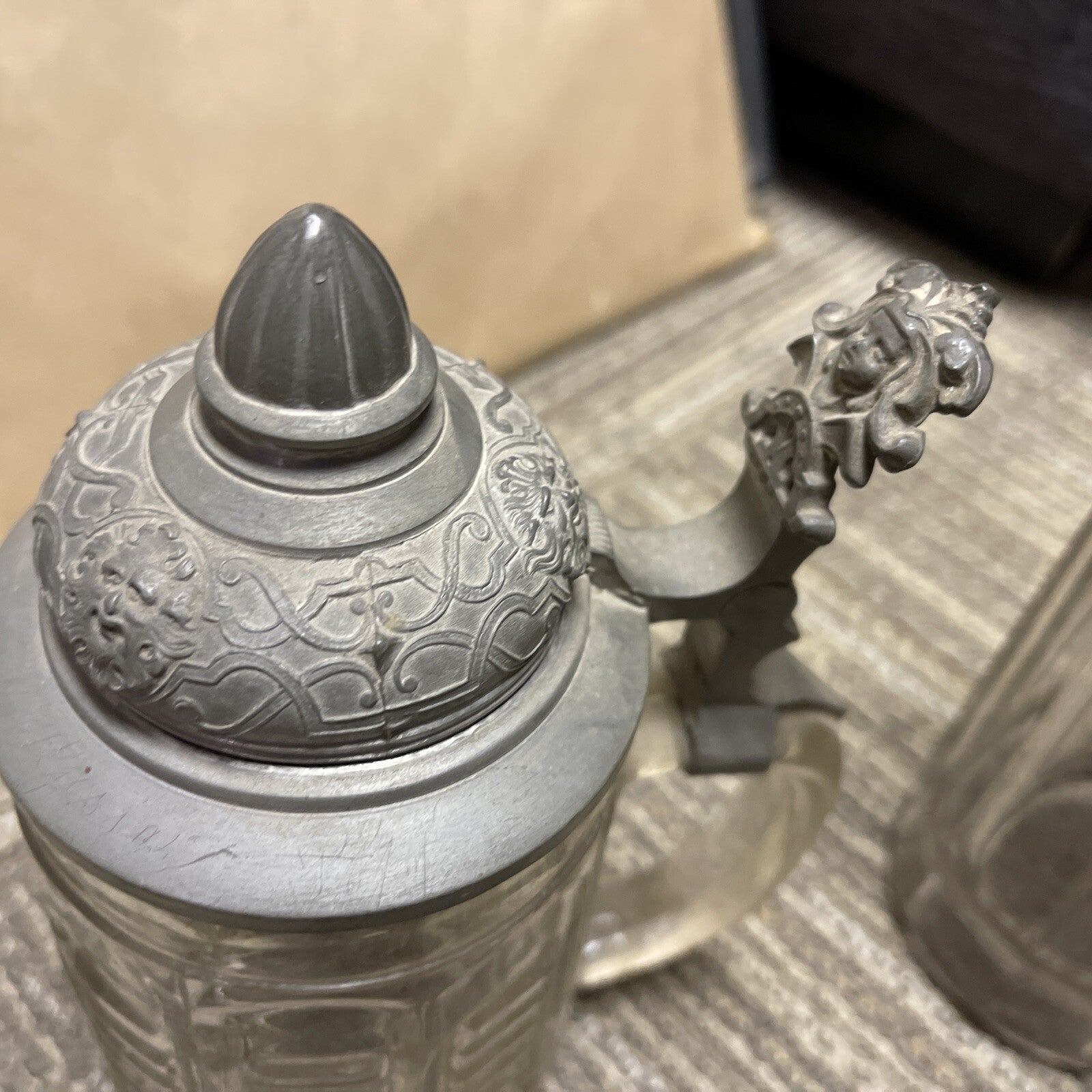 Antique lot of 2 Lidded Cut Glass Mug German Beer Stein pewter top3